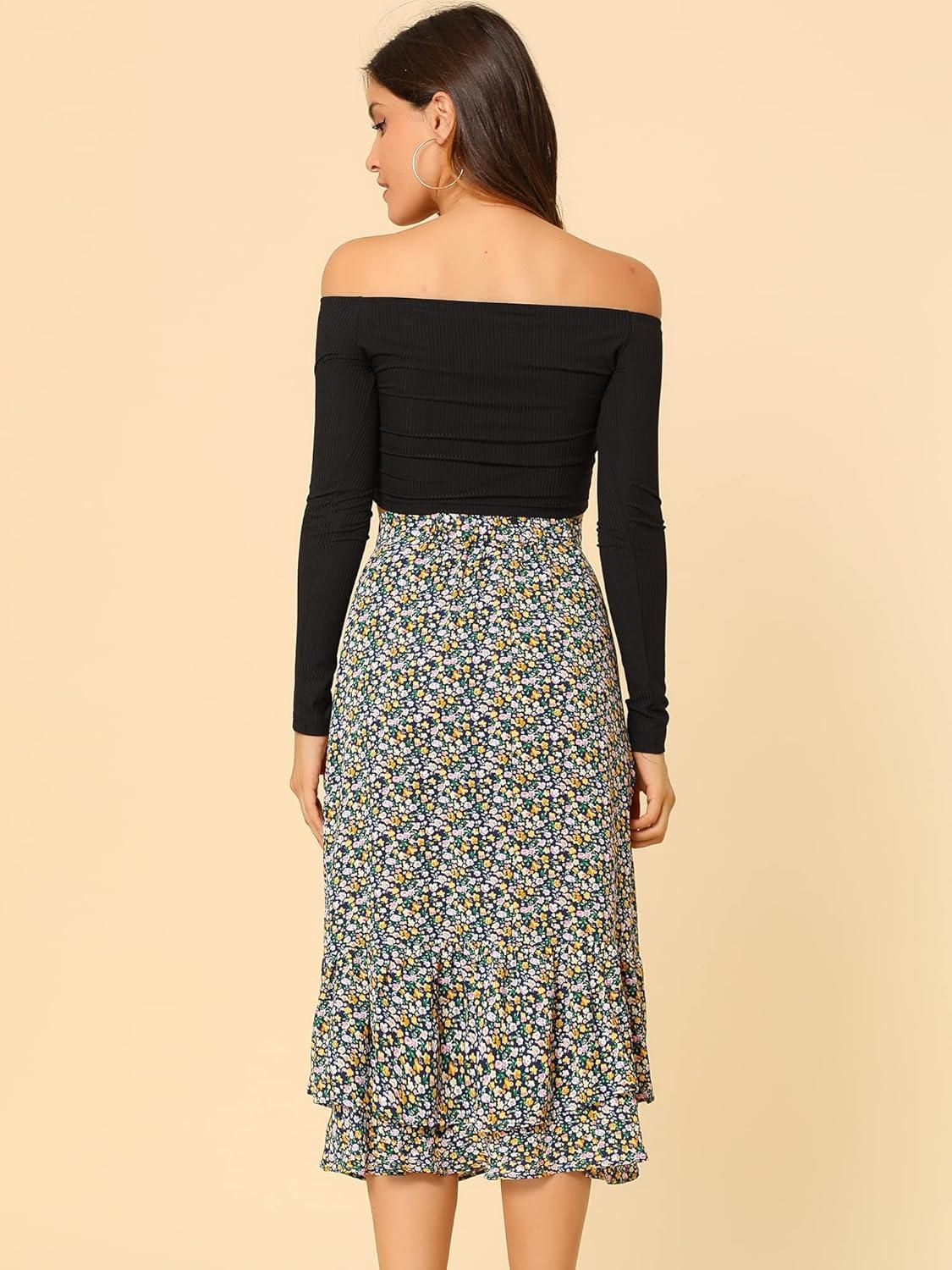 imageAllegra K Womens Printed Skirt 2025 Weekend Trendy Summer Chiffon Ruffle Tiered Flowy Midi SkirtsDark Bluefloral
