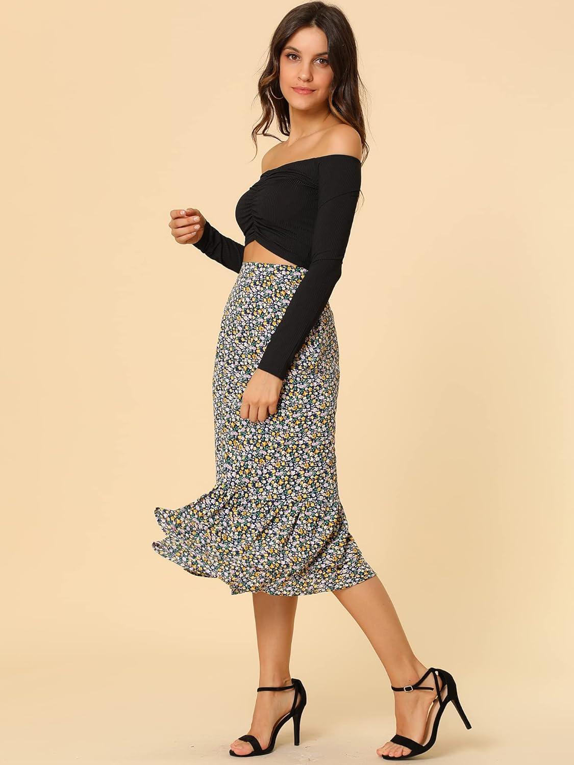 imageAllegra K Womens Printed Skirt 2025 Weekend Trendy Summer Chiffon Ruffle Tiered Flowy Midi SkirtsDark Bluefloral