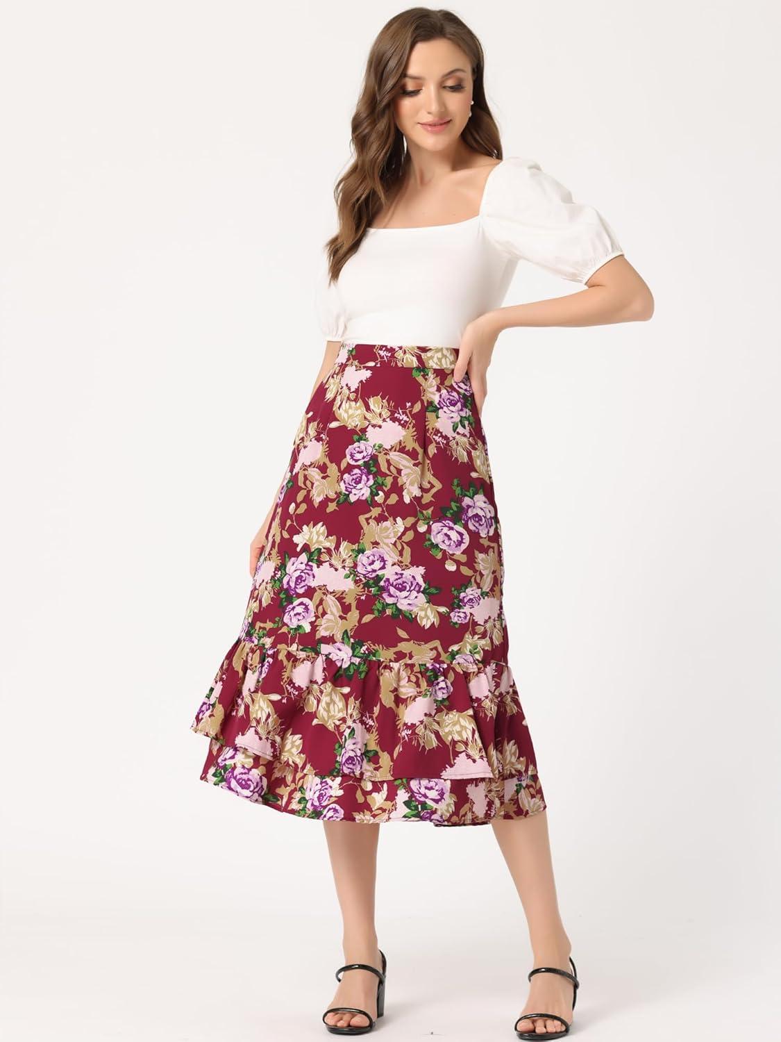 imageAllegra K Womens Printed Skirt 2025 Weekend Trendy Summer Chiffon Ruffle Tiered Flowy Midi SkirtsDark Redfloral