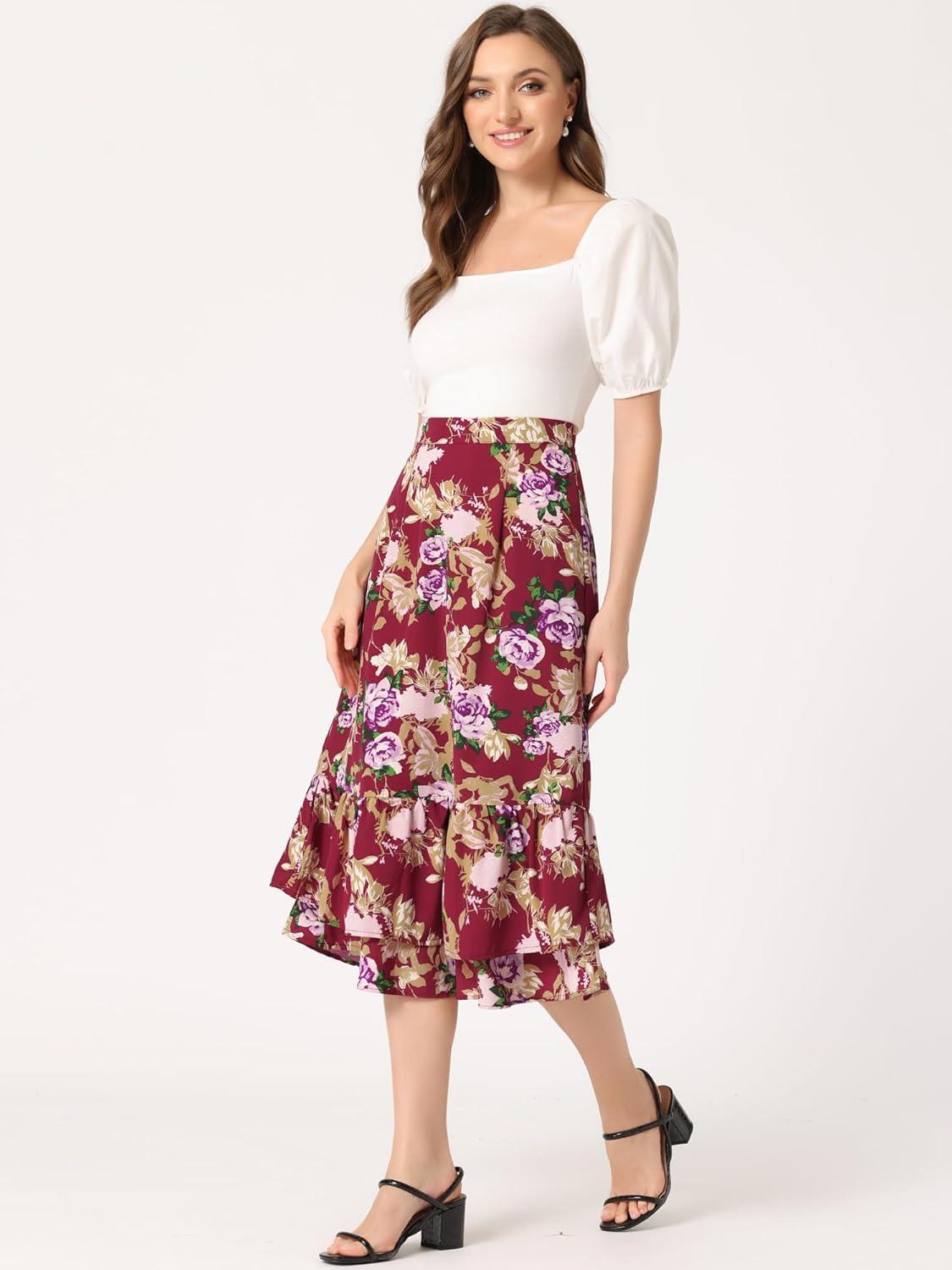 imageAllegra K Womens Printed Skirt 2025 Weekend Trendy Summer Chiffon Ruffle Tiered Flowy Midi SkirtsDark Redfloral
