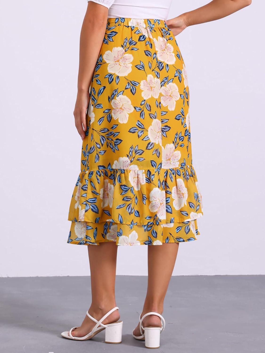 imageAllegra K Womens Printed Skirt 2025 Weekend Trendy Summer Chiffon Ruffle Tiered Flowy Midi SkirtsDark Yellowfloral