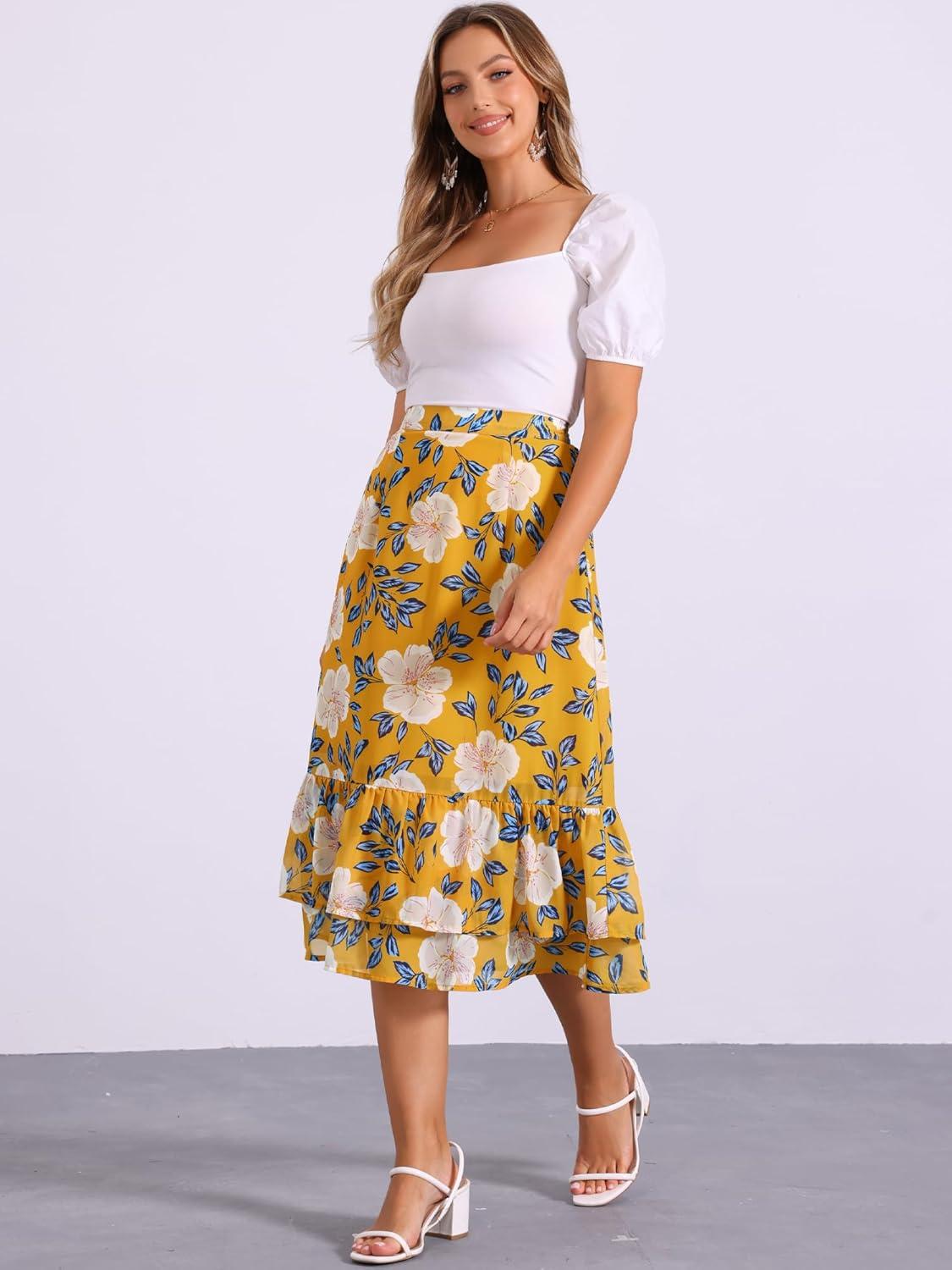 imageAllegra K Womens Printed Skirt 2025 Weekend Trendy Summer Chiffon Ruffle Tiered Flowy Midi SkirtsDark Yellowfloral