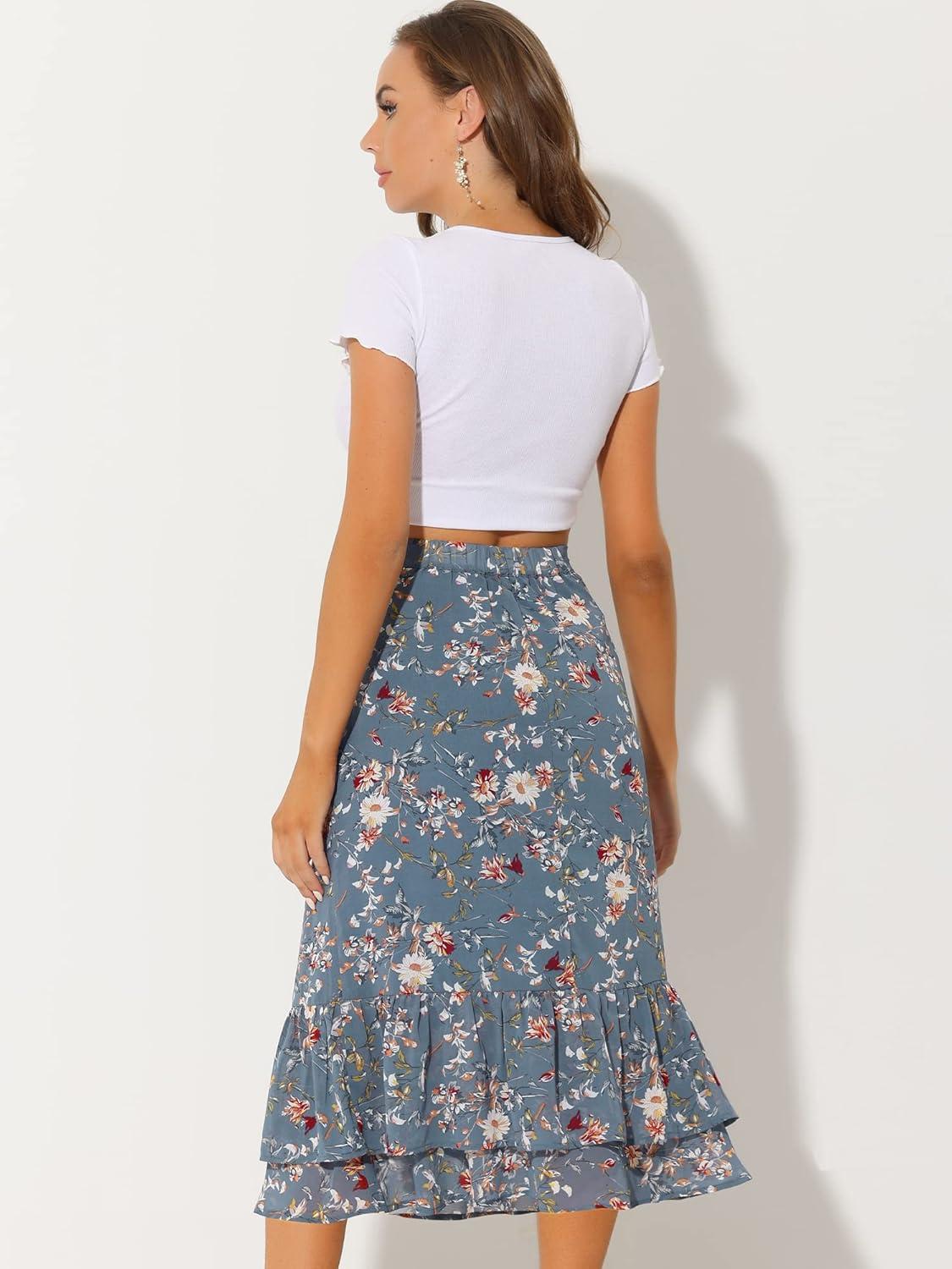 imageAllegra K Womens Printed Skirt 2025 Weekend Trendy Summer Chiffon Ruffle Tiered Flowy Midi SkirtsDusty Bluefloral