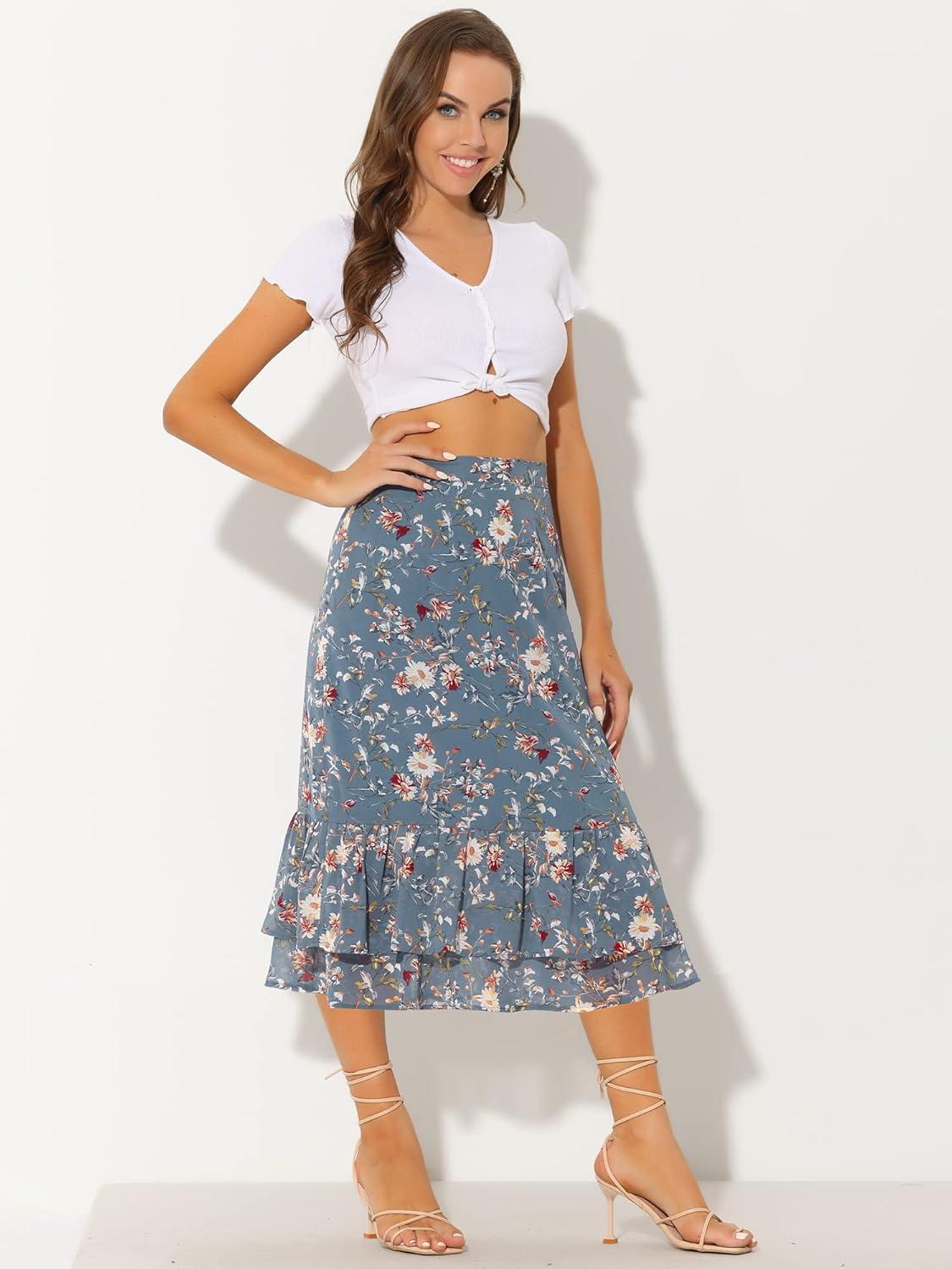 imageAllegra K Womens Printed Skirt 2025 Weekend Trendy Summer Chiffon Ruffle Tiered Flowy Midi SkirtsDusty Bluefloral