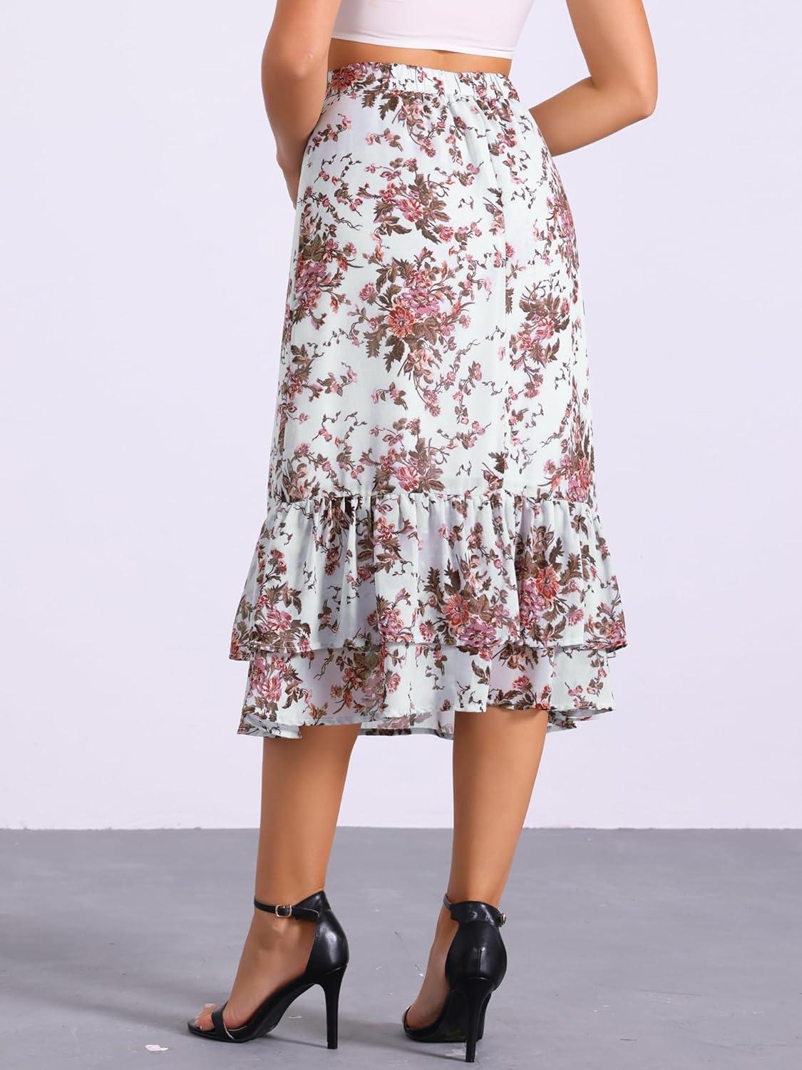 imageAllegra K Womens Printed Skirt 2025 Weekend Trendy Summer Chiffon Ruffle Tiered Flowy Midi SkirtsGreyfloral