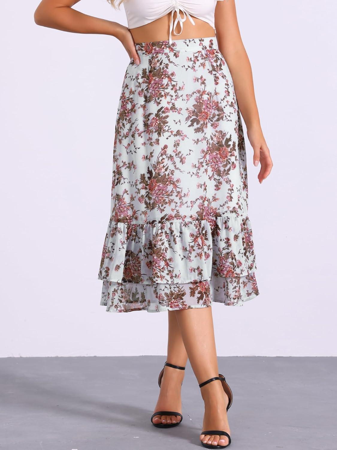 imageAllegra K Womens Printed Skirt 2025 Weekend Trendy Summer Chiffon Ruffle Tiered Flowy Midi SkirtsGreyfloral