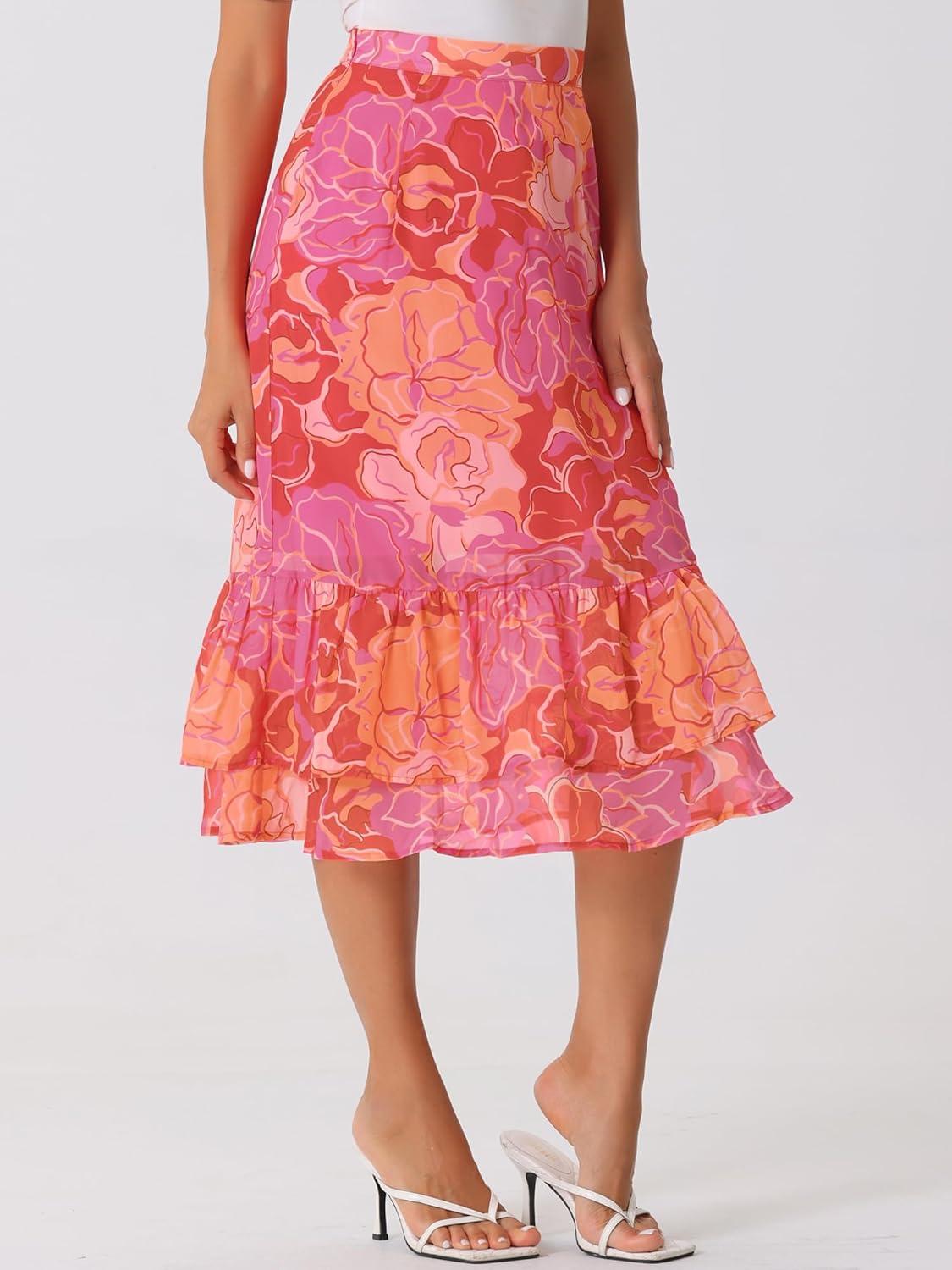 imageAllegra K Womens Printed Skirt 2025 Weekend Trendy Summer Chiffon Ruffle Tiered Flowy Midi SkirtsHot Pinkfloral
