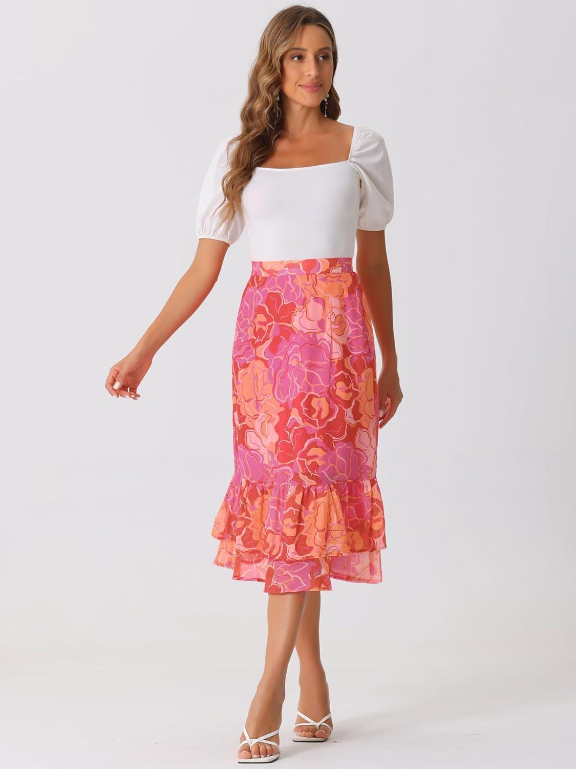 imageAllegra K Womens Printed Skirt 2025 Weekend Trendy Summer Chiffon Ruffle Tiered Flowy Midi SkirtsHot Pinkfloral