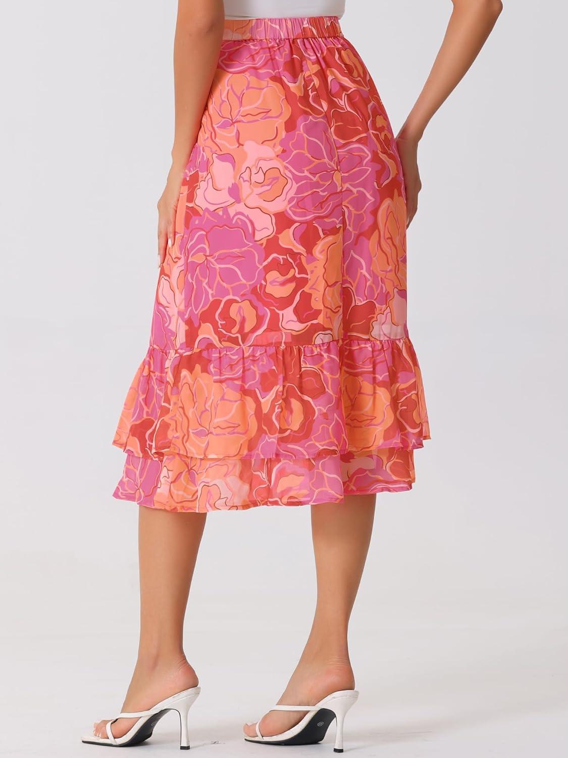 imageAllegra K Womens Printed Skirt 2025 Weekend Trendy Summer Chiffon Ruffle Tiered Flowy Midi SkirtsHot Pinkfloral