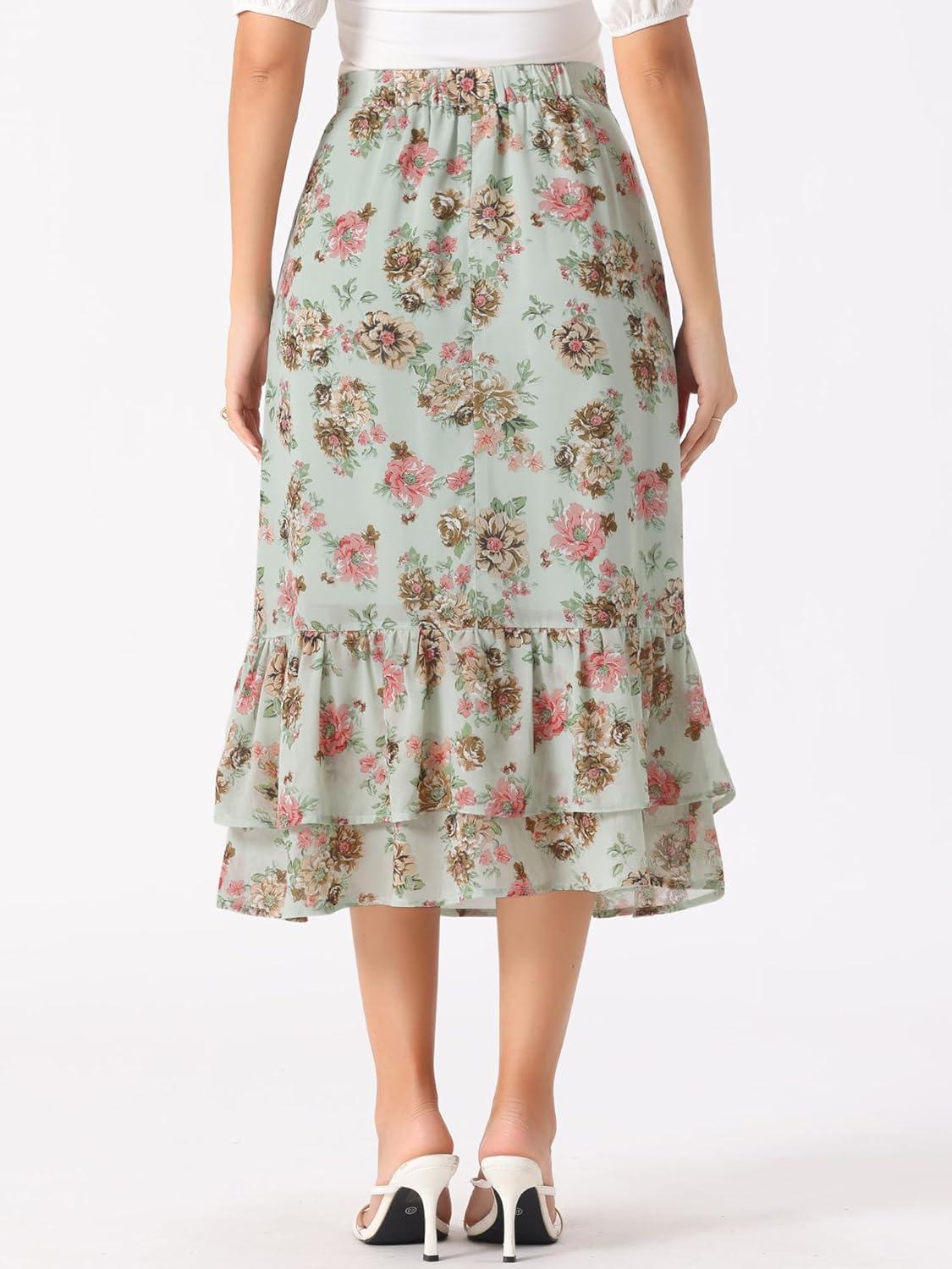 imageAllegra K Womens Printed Skirt 2025 Weekend Trendy Summer Chiffon Ruffle Tiered Flowy Midi SkirtsLight Greenfloral