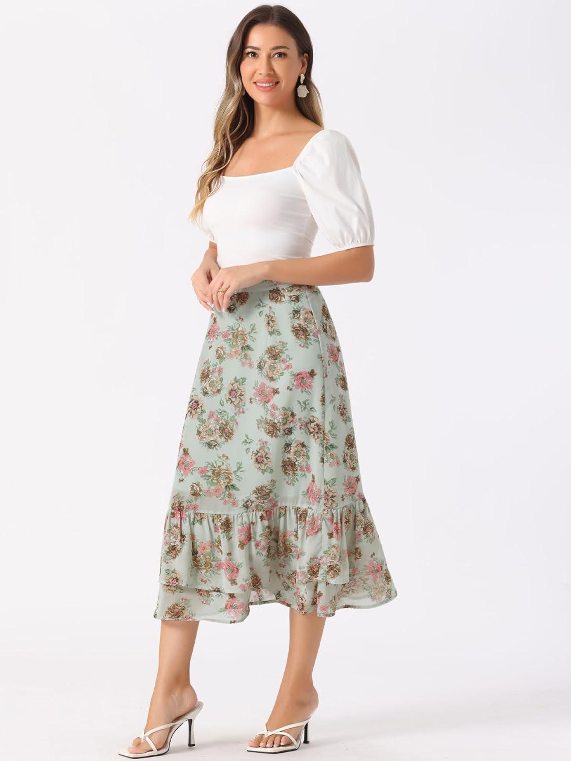 imageAllegra K Womens Printed Skirt 2025 Weekend Trendy Summer Chiffon Ruffle Tiered Flowy Midi SkirtsLight Greenfloral