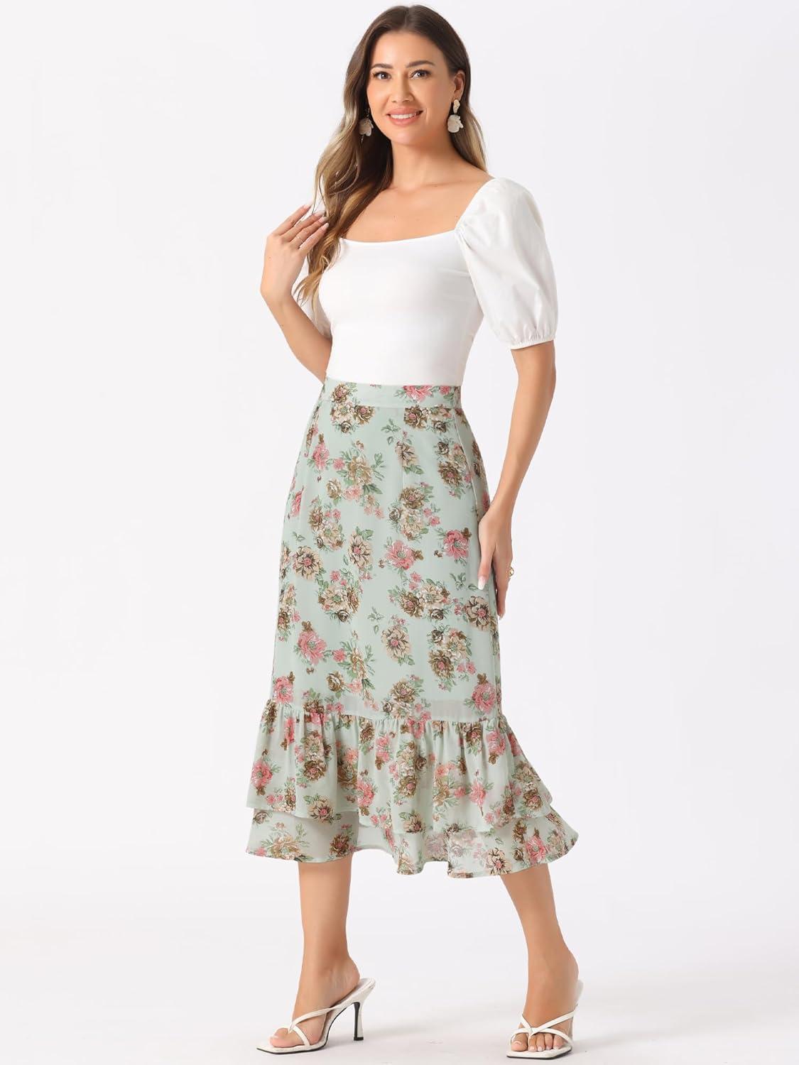 imageAllegra K Womens Printed Skirt 2025 Weekend Trendy Summer Chiffon Ruffle Tiered Flowy Midi SkirtsLight Greenfloral