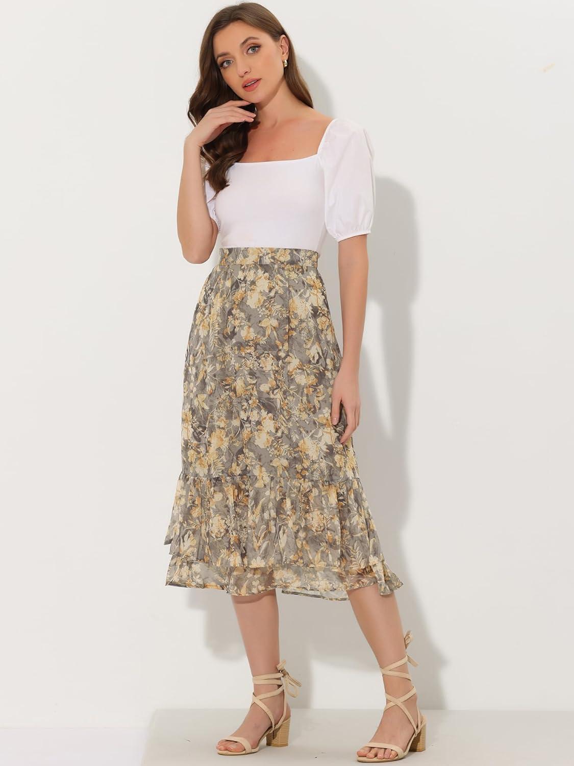 imageAllegra K Womens Printed Skirt 2025 Weekend Trendy Summer Chiffon Ruffle Tiered Flowy Midi SkirtsLight Greyfloral