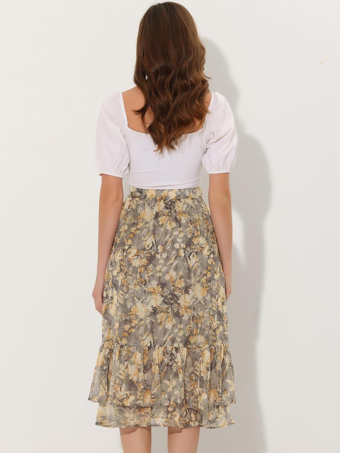 imageAllegra K Womens Printed Skirt 2025 Weekend Trendy Summer Chiffon Ruffle Tiered Flowy Midi SkirtsLight Greyfloral