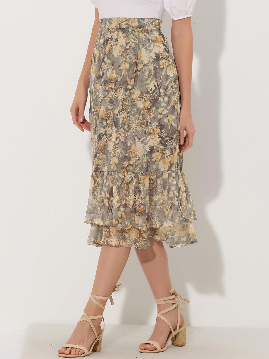 imageAllegra K Womens Printed Skirt 2025 Weekend Trendy Summer Chiffon Ruffle Tiered Flowy Midi SkirtsLight Greyfloral