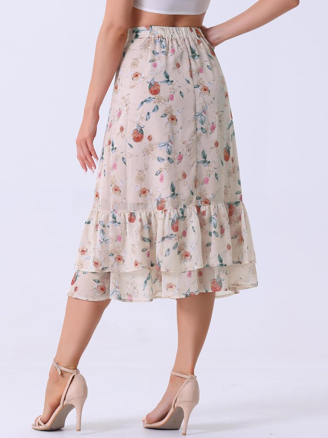imageAllegra K Womens Printed Skirt 2025 Weekend Trendy Summer Chiffon Ruffle Tiered Flowy Midi SkirtsLight Pinkfloral