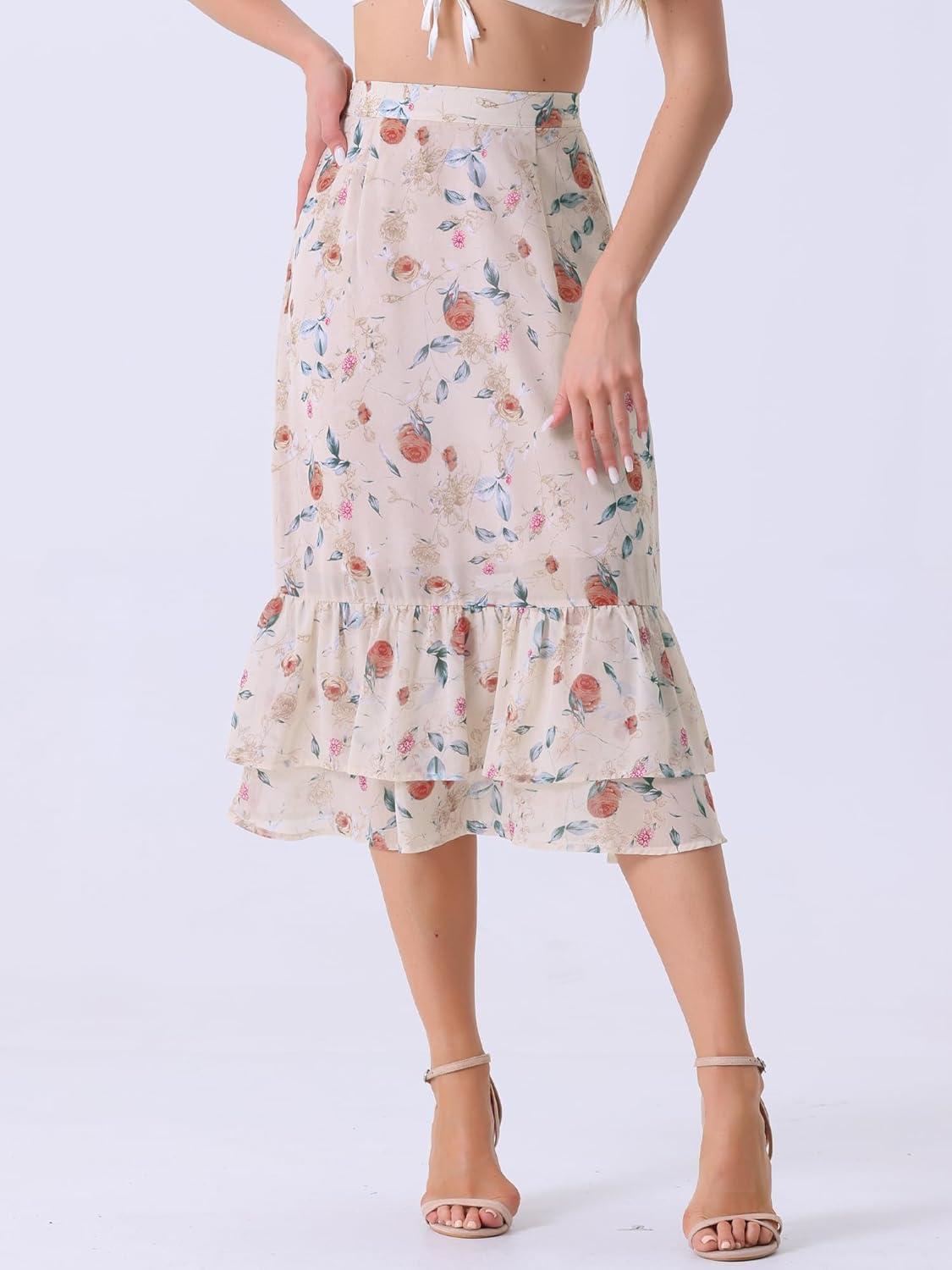 imageAllegra K Womens Printed Skirt 2025 Weekend Trendy Summer Chiffon Ruffle Tiered Flowy Midi SkirtsLight Pinkfloral