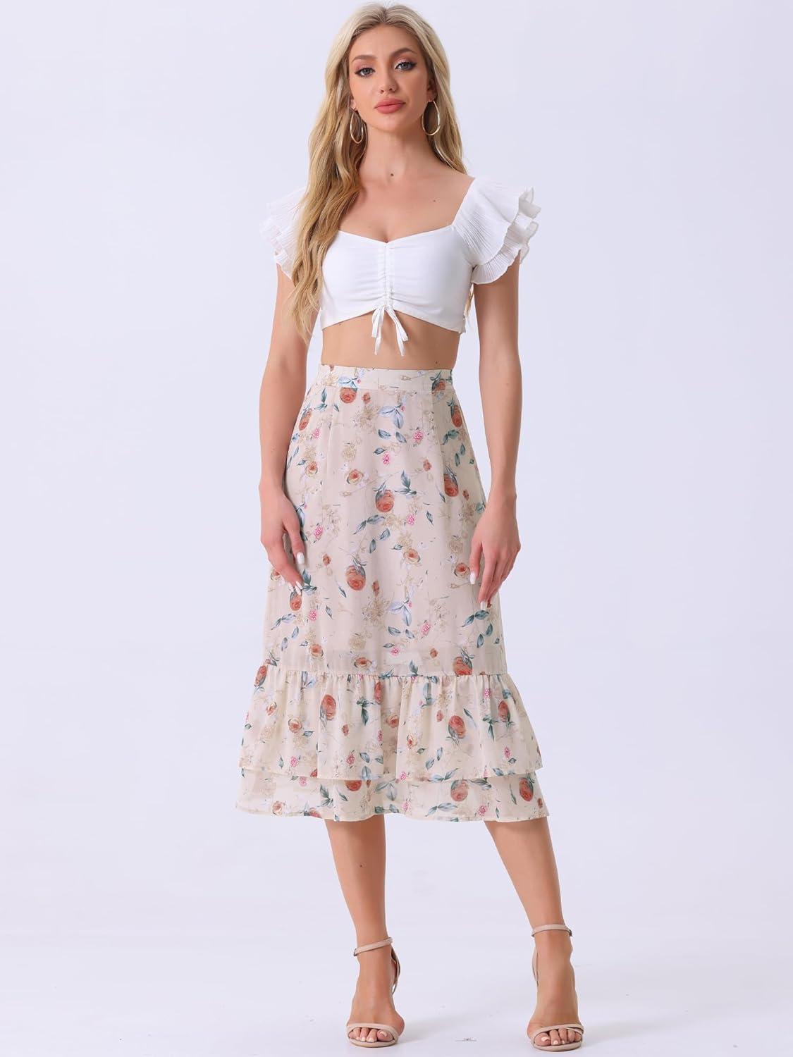 imageAllegra K Womens Printed Skirt 2025 Weekend Trendy Summer Chiffon Ruffle Tiered Flowy Midi SkirtsLight Pinkfloral