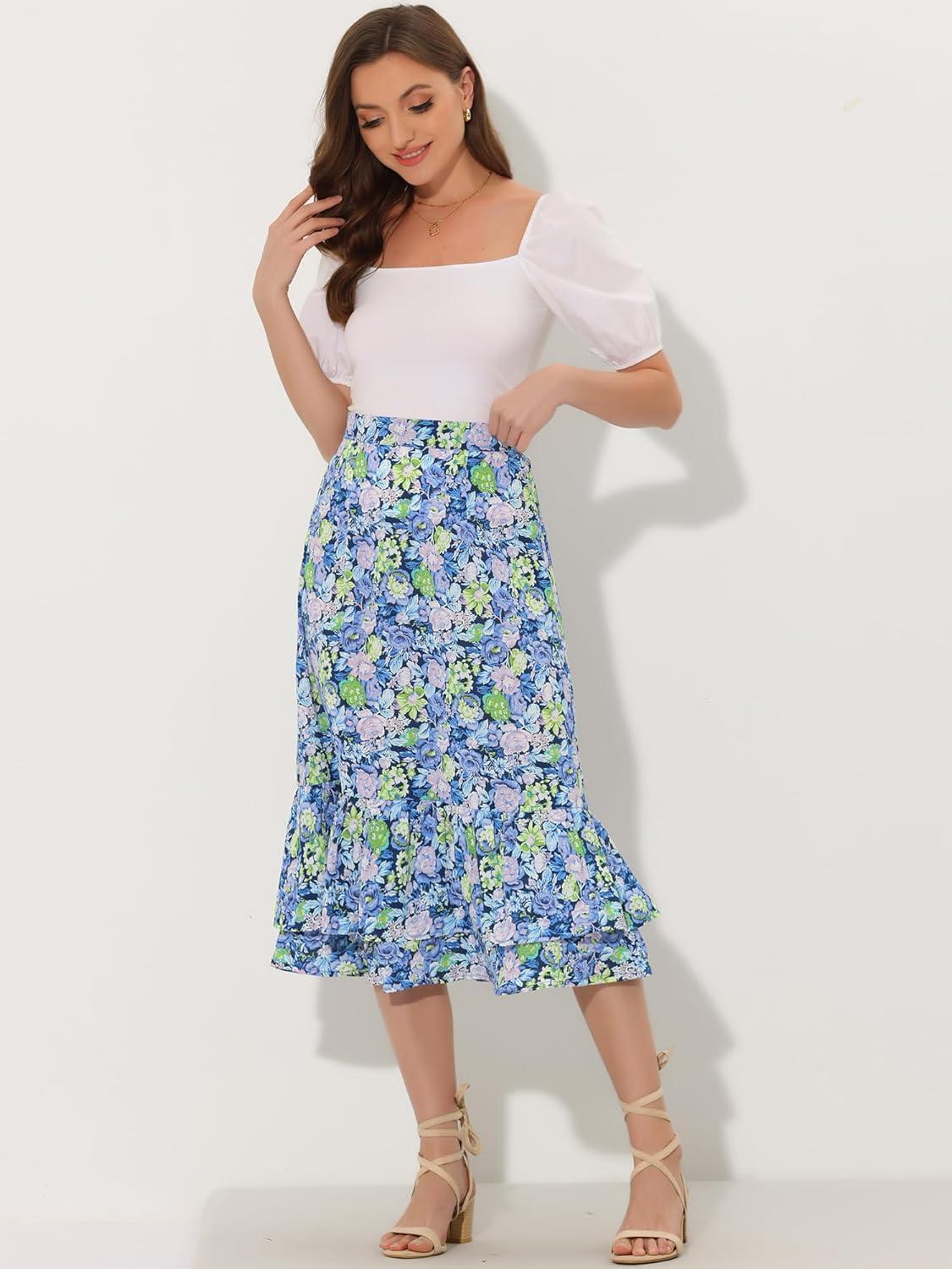 imageAllegra K Womens Printed Skirt 2025 Weekend Trendy Summer Chiffon Ruffle Tiered Flowy Midi SkirtsNavy Bluefloral