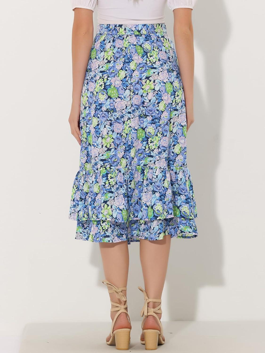 imageAllegra K Womens Printed Skirt 2025 Weekend Trendy Summer Chiffon Ruffle Tiered Flowy Midi SkirtsNavy Bluefloral