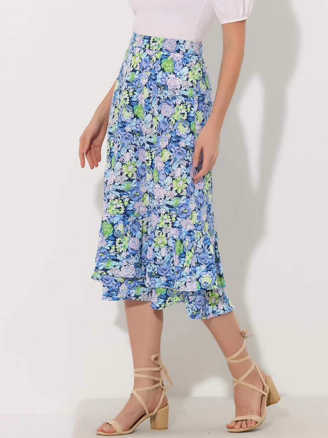imageAllegra K Womens Printed Skirt 2025 Weekend Trendy Summer Chiffon Ruffle Tiered Flowy Midi SkirtsNavy Bluefloral