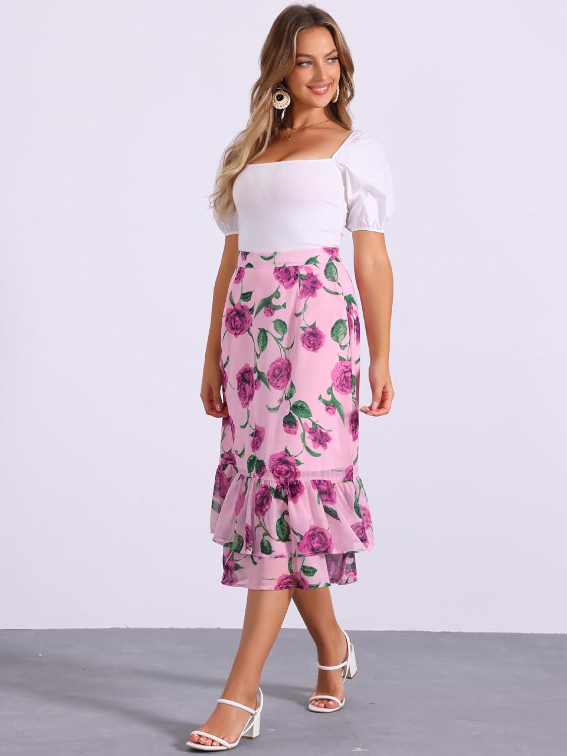 imageAllegra K Womens Printed Skirt 2025 Weekend Trendy Summer Chiffon Ruffle Tiered Flowy Midi SkirtsPink Purplefloral