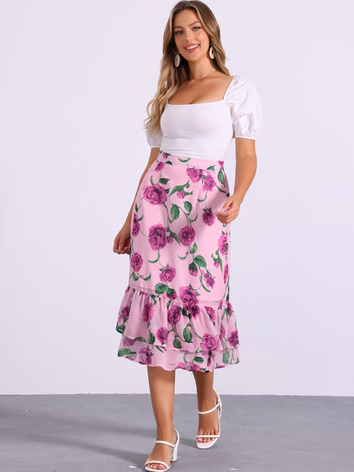 imageAllegra K Womens Printed Skirt 2025 Weekend Trendy Summer Chiffon Ruffle Tiered Flowy Midi SkirtsPink Purplefloral