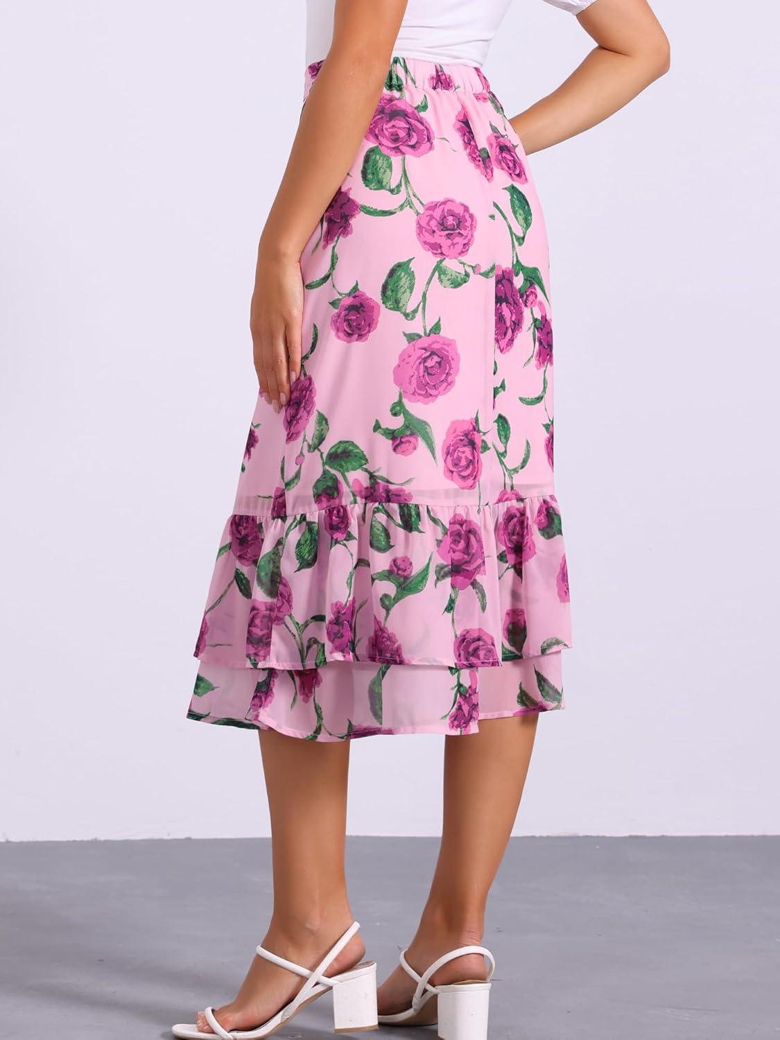 imageAllegra K Womens Printed Skirt 2025 Weekend Trendy Summer Chiffon Ruffle Tiered Flowy Midi SkirtsPink Purplefloral