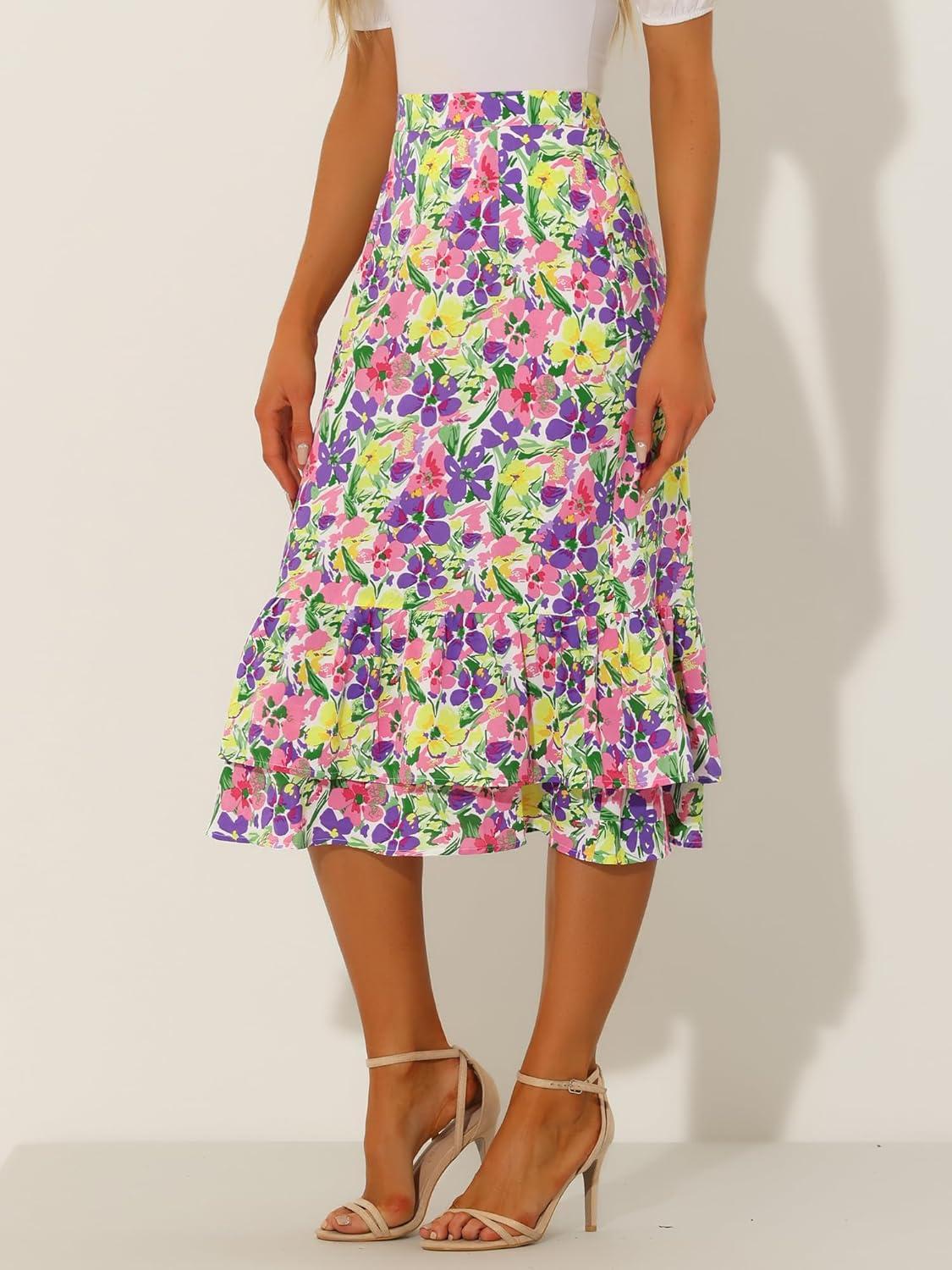 imageAllegra K Womens Printed Skirt 2025 Weekend Trendy Summer Chiffon Ruffle Tiered Flowy Midi SkirtsPurple Yellowfloral
