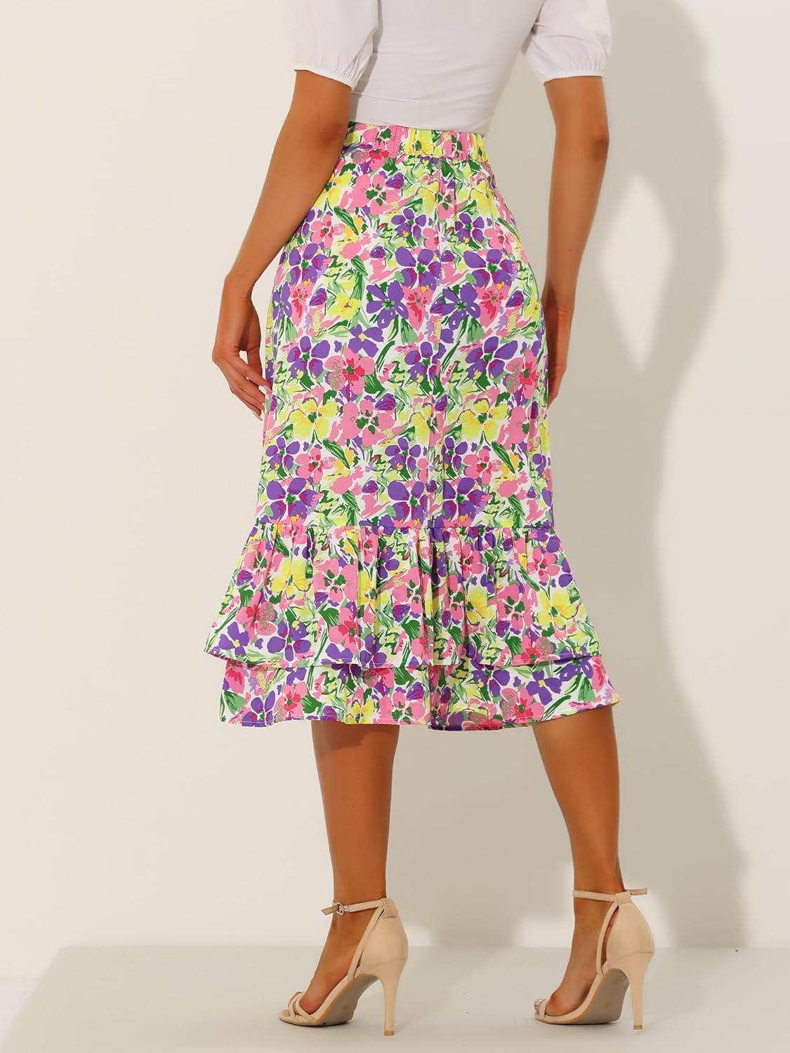 imageAllegra K Womens Printed Skirt 2025 Weekend Trendy Summer Chiffon Ruffle Tiered Flowy Midi SkirtsPurple Yellowfloral