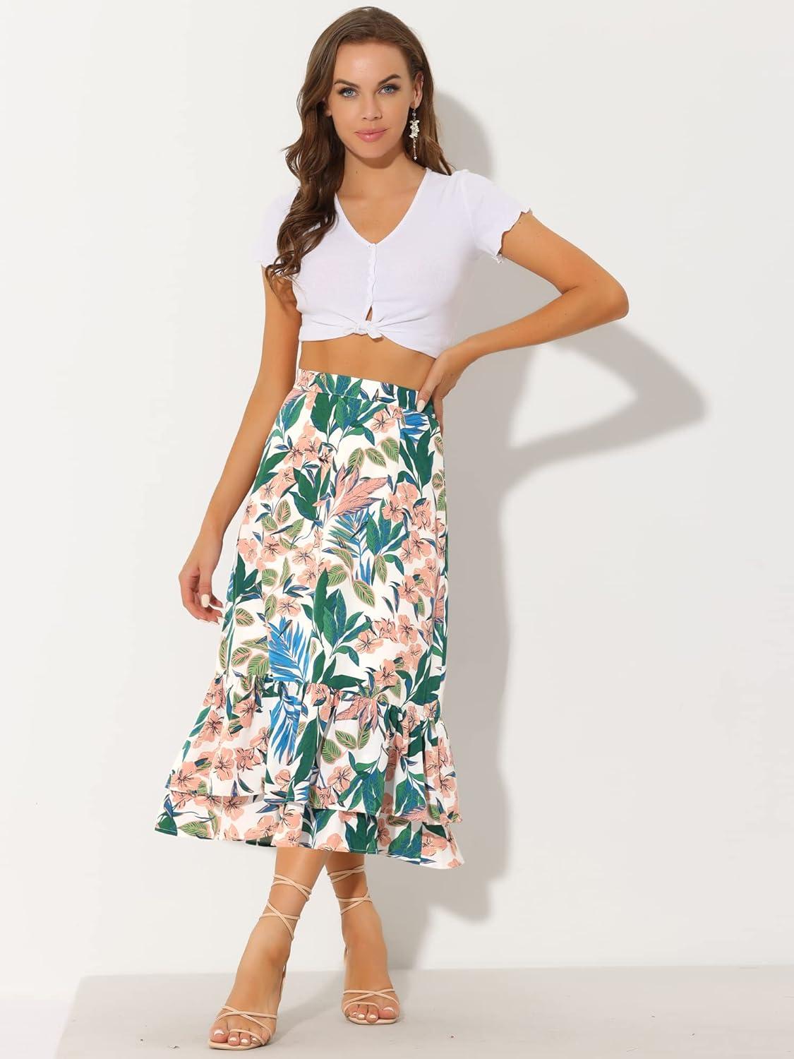 imageAllegra K Womens Printed Skirt 2025 Weekend Trendy Summer Chiffon Ruffle Tiered Flowy Midi SkirtsWhite Pinkfloral