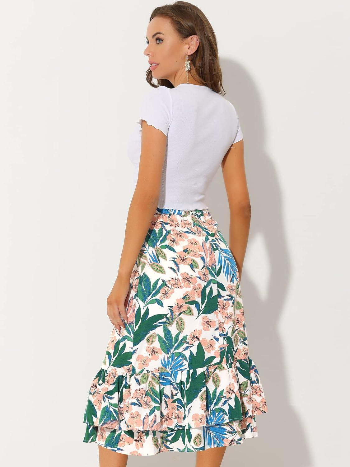 imageAllegra K Womens Printed Skirt 2025 Weekend Trendy Summer Chiffon Ruffle Tiered Flowy Midi SkirtsWhite Pinkfloral