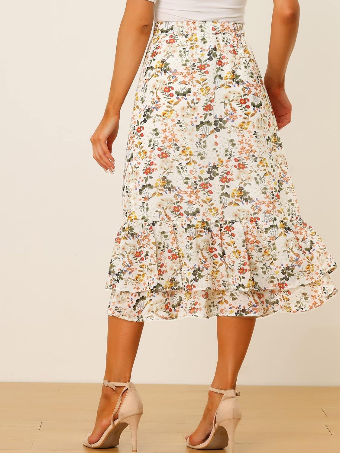 imageAllegra K Womens Printed Skirt 2025 Weekend Trendy Summer Chiffon Ruffle Tiered Flowy Midi SkirtsWhite Yellowfloral