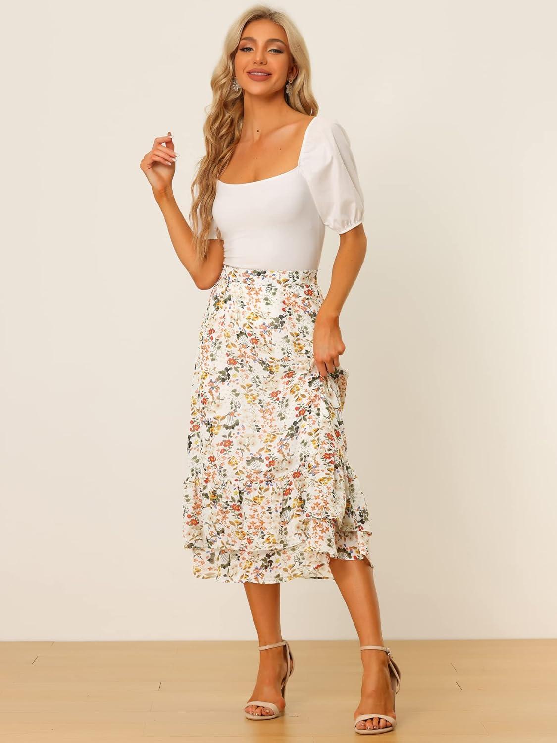 imageAllegra K Womens Printed Skirt 2025 Weekend Trendy Summer Chiffon Ruffle Tiered Flowy Midi SkirtsWhite Yellowfloral