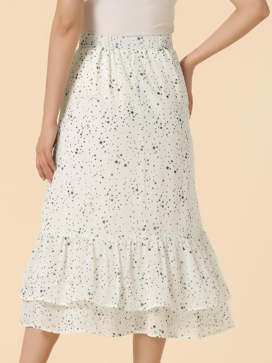 imageAllegra K Womens Printed Skirt 2025 Weekend Trendy Summer Chiffon Ruffle Tiered Flowy Midi SkirtsWhitestar