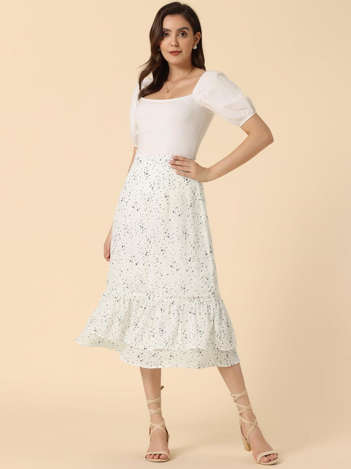 imageAllegra K Womens Printed Skirt 2025 Weekend Trendy Summer Chiffon Ruffle Tiered Flowy Midi SkirtsWhitestar