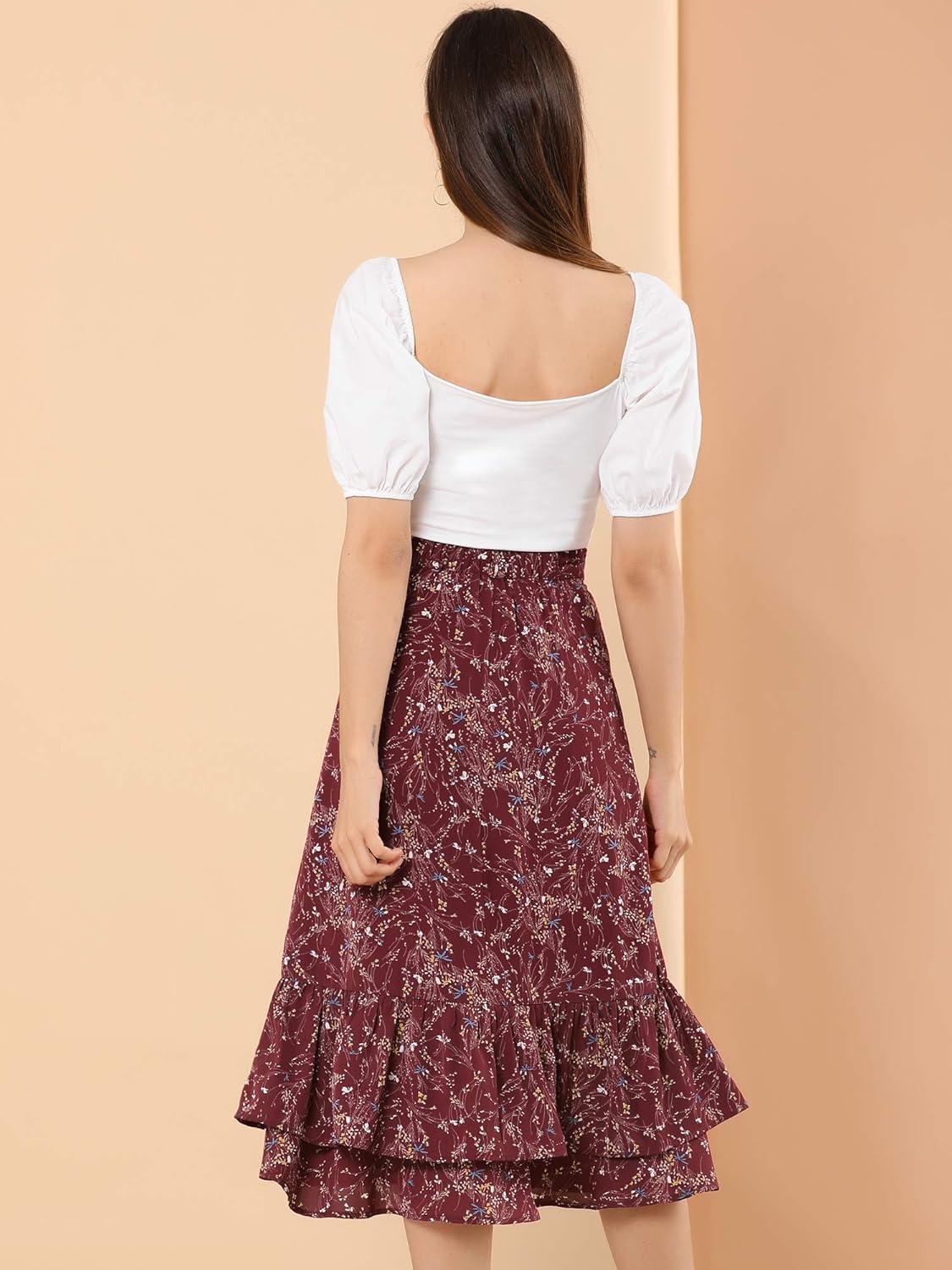 imageAllegra K Womens Printed Skirt 2025 Weekend Trendy Summer Chiffon Ruffle Tiered Flowy Midi SkirtsWine Redfloral