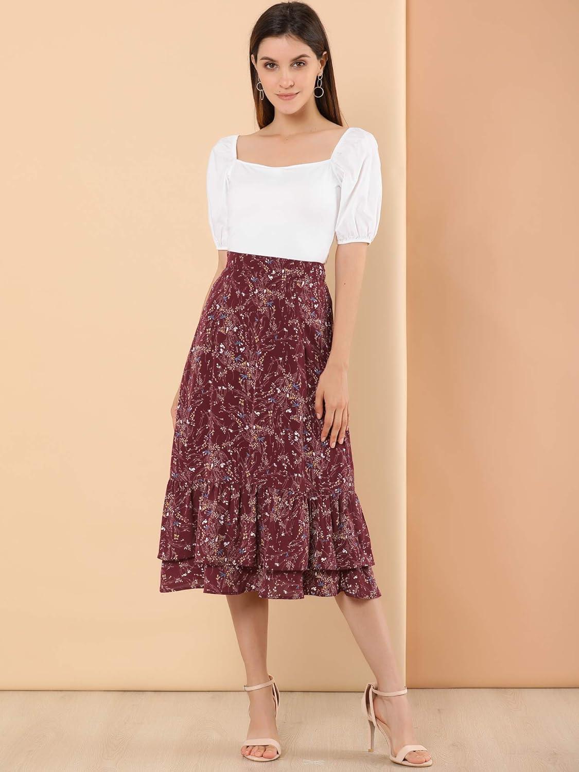 imageAllegra K Womens Printed Skirt 2025 Weekend Trendy Summer Chiffon Ruffle Tiered Flowy Midi SkirtsWine Redfloral