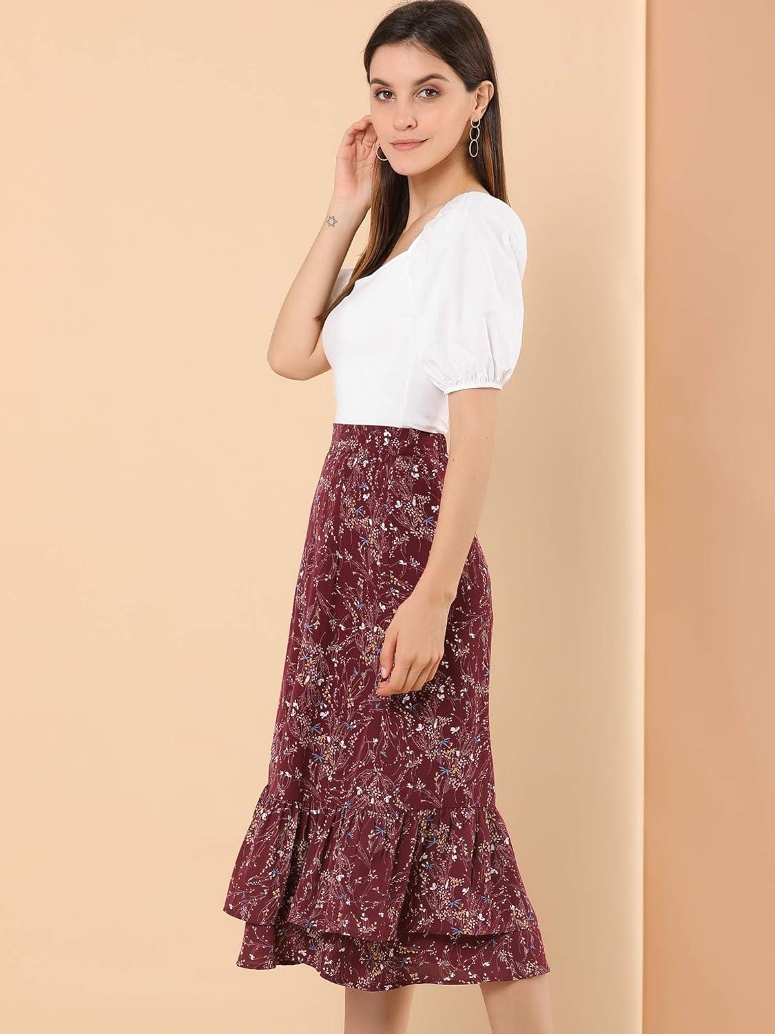 imageAllegra K Womens Printed Skirt 2025 Weekend Trendy Summer Chiffon Ruffle Tiered Flowy Midi SkirtsWine Redfloral