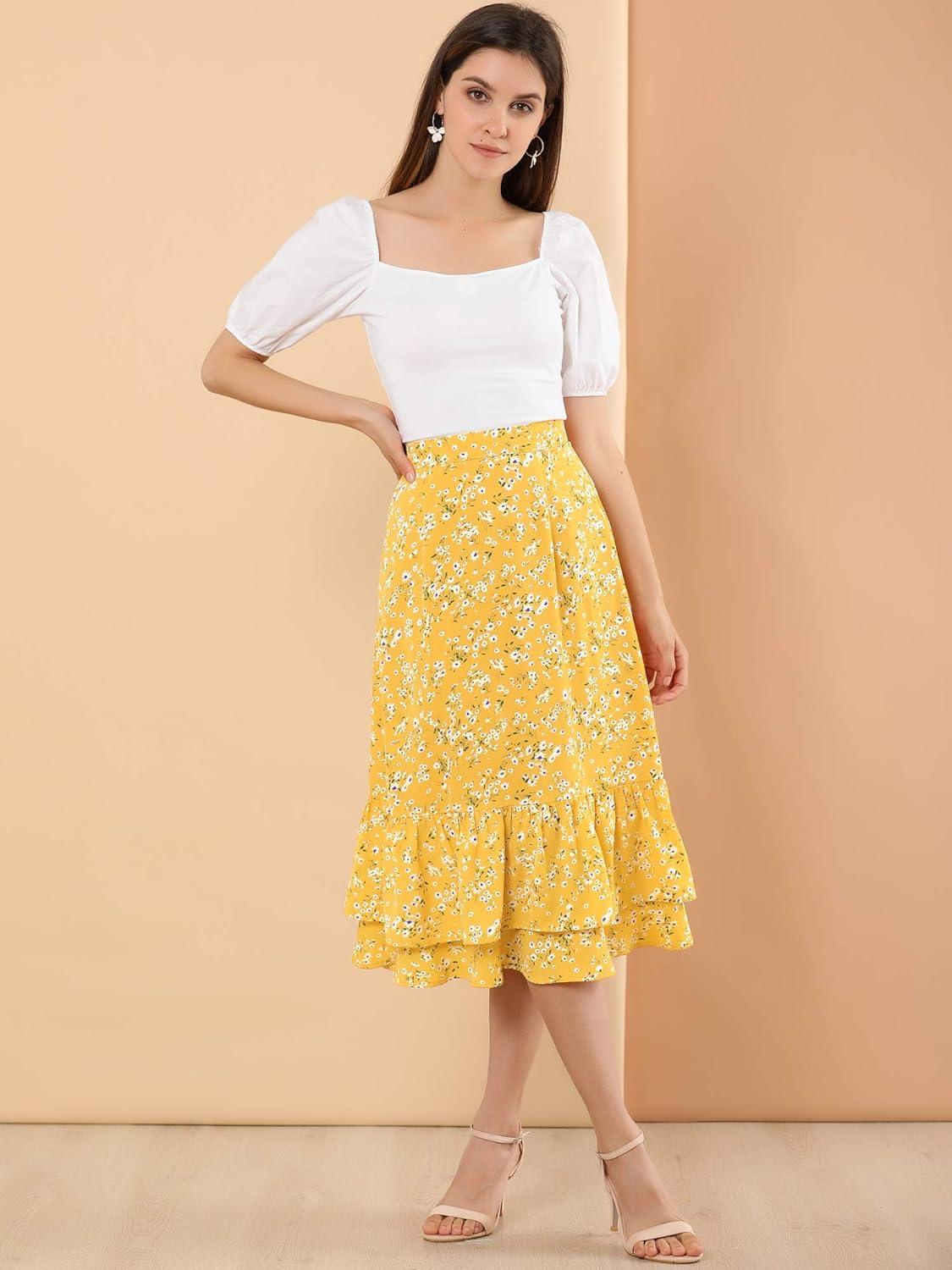 imageAllegra K Womens Printed Skirt 2025 Weekend Trendy Summer Chiffon Ruffle Tiered Flowy Midi SkirtsYellowfloral