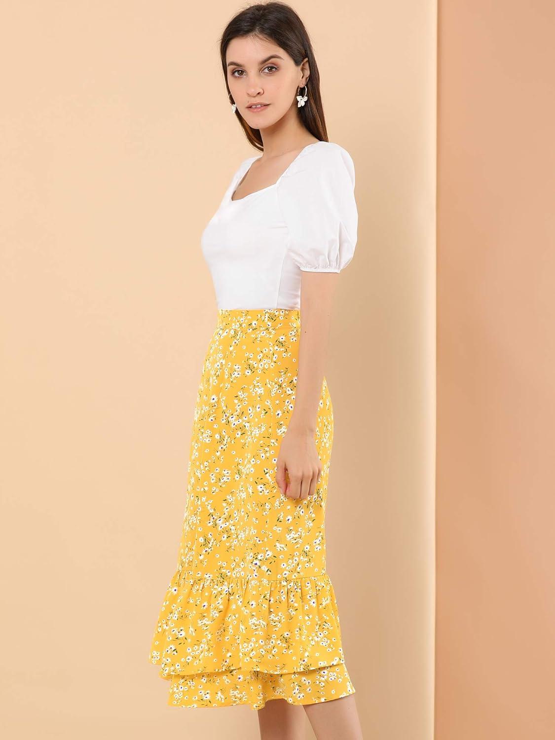 imageAllegra K Womens Printed Skirt 2025 Weekend Trendy Summer Chiffon Ruffle Tiered Flowy Midi SkirtsYellowfloral