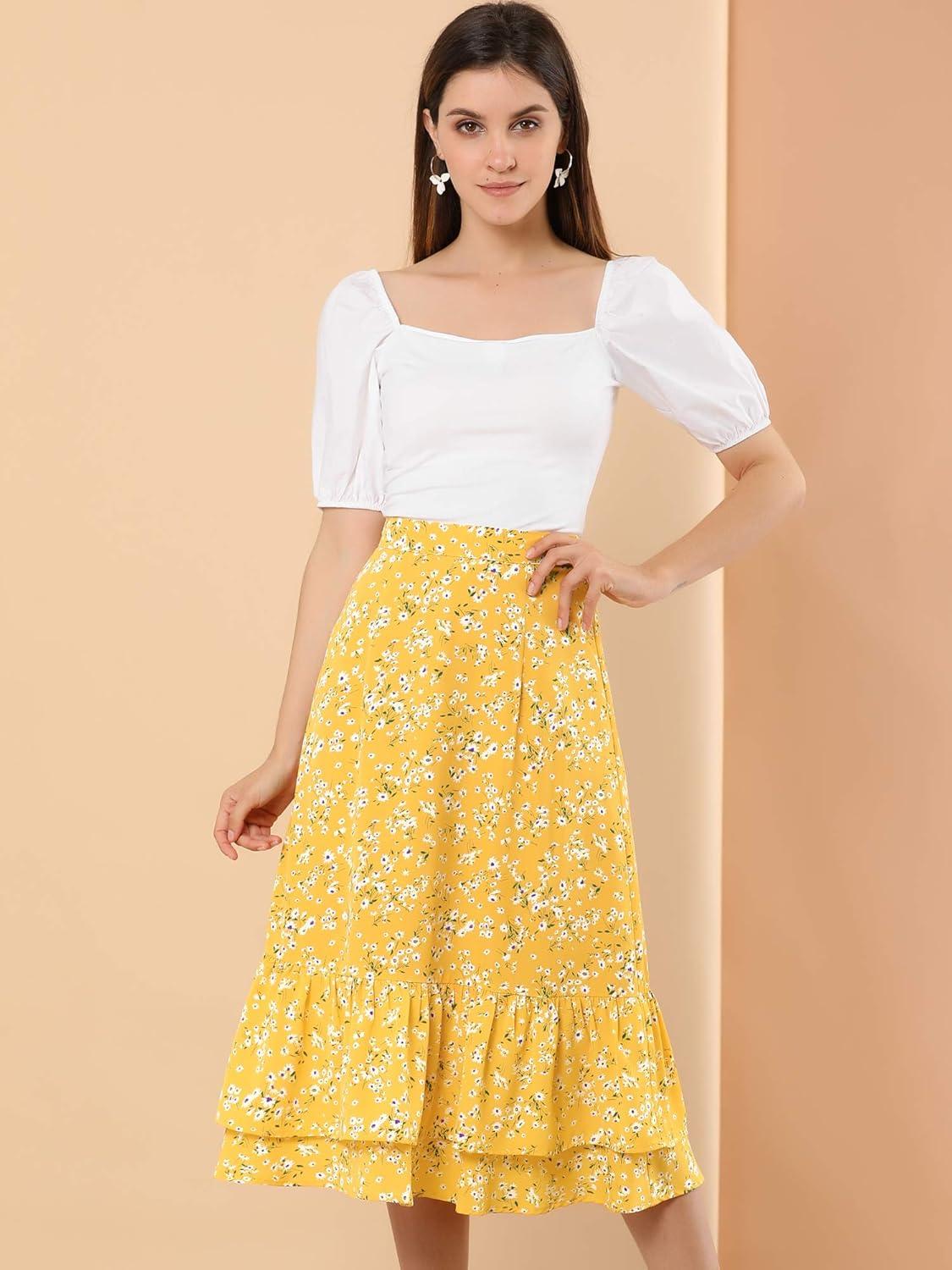 imageAllegra K Womens Printed Skirt 2025 Weekend Trendy Summer Chiffon Ruffle Tiered Flowy Midi SkirtsYellowfloral