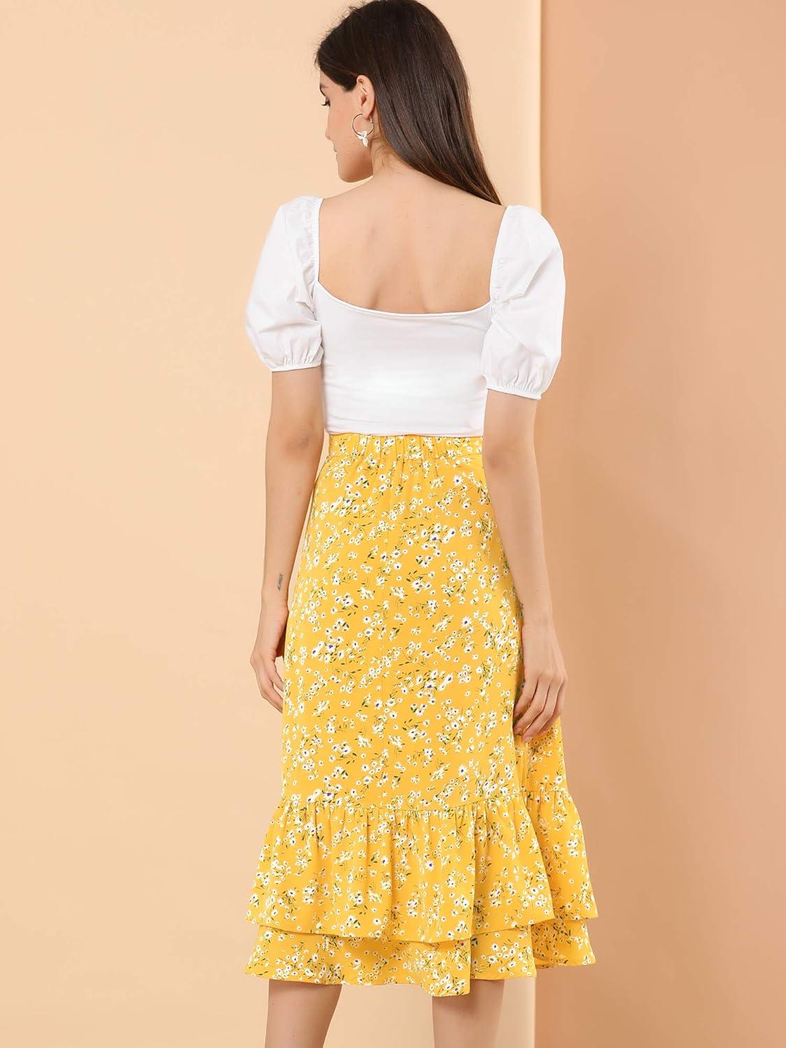 imageAllegra K Womens Printed Skirt 2025 Weekend Trendy Summer Chiffon Ruffle Tiered Flowy Midi SkirtsYellowfloral