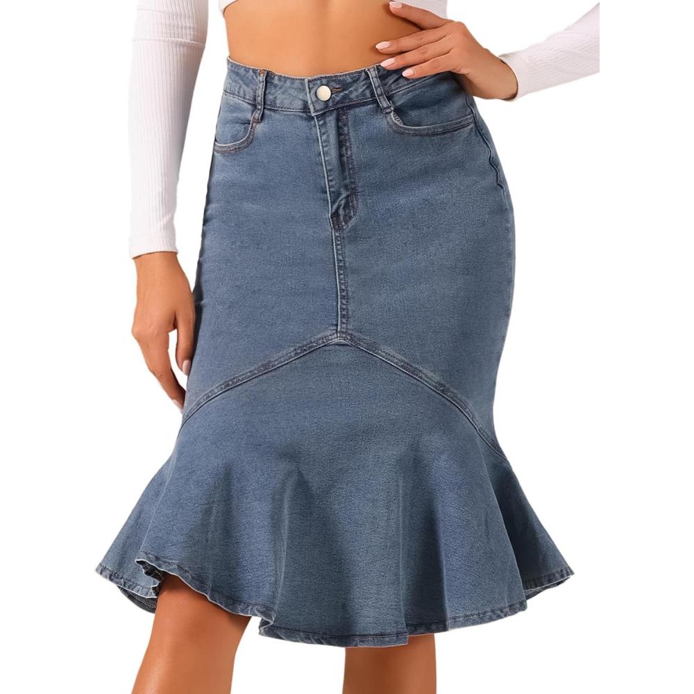 imageAllegra K Denim Jean Skirt for Womens High Waist Bodycon Ruffles Fishtail SkirtsGrey Blue