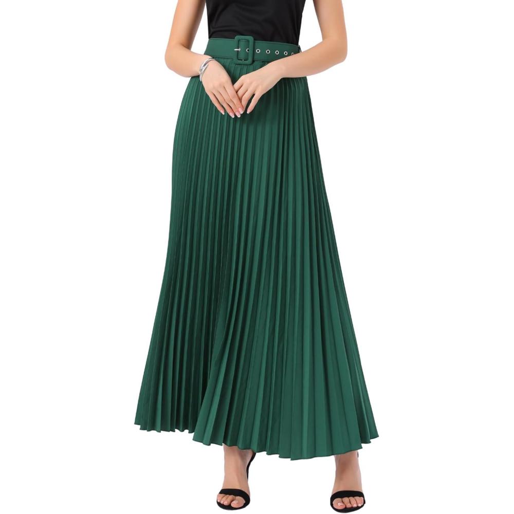 imageAllegra K Long Pleated Skirt for Womens Elastic High Waist with Belt Swing Aline Work Maxi SkirtDark Green