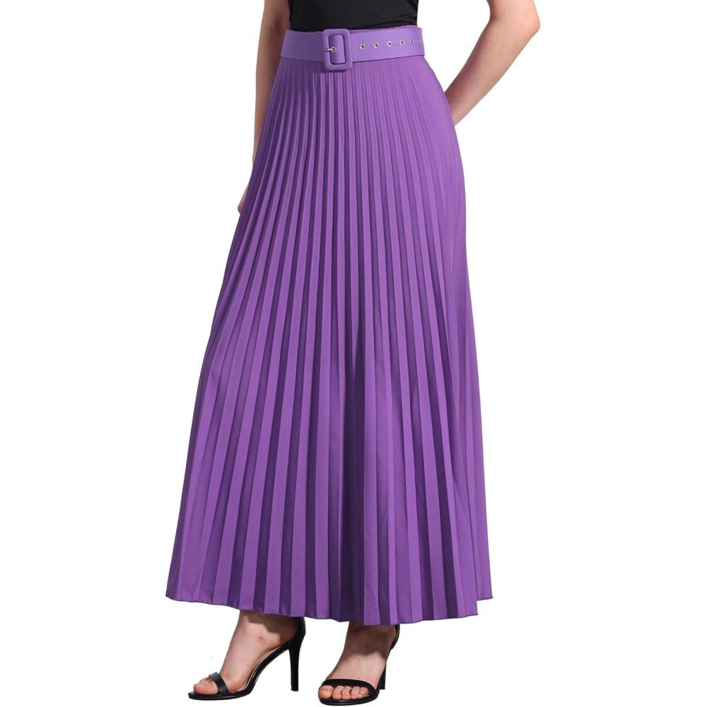 imageAllegra K Long Pleated Skirt for Womens Elastic High Waist with Belt Swing Aline Work Maxi SkirtPurple