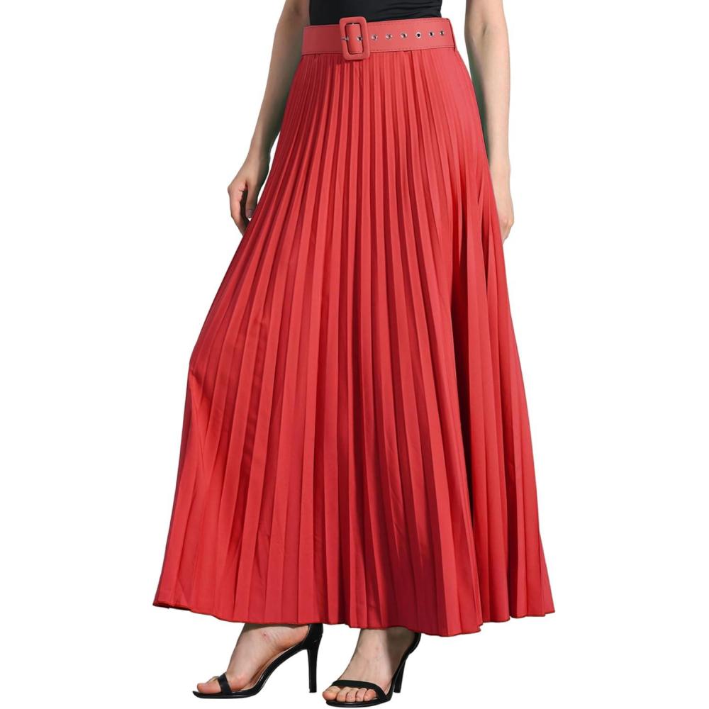 imageAllegra K Long Pleated Skirt for Womens Elastic High Waist with Belt Swing Aline Work Maxi SkirtRed
