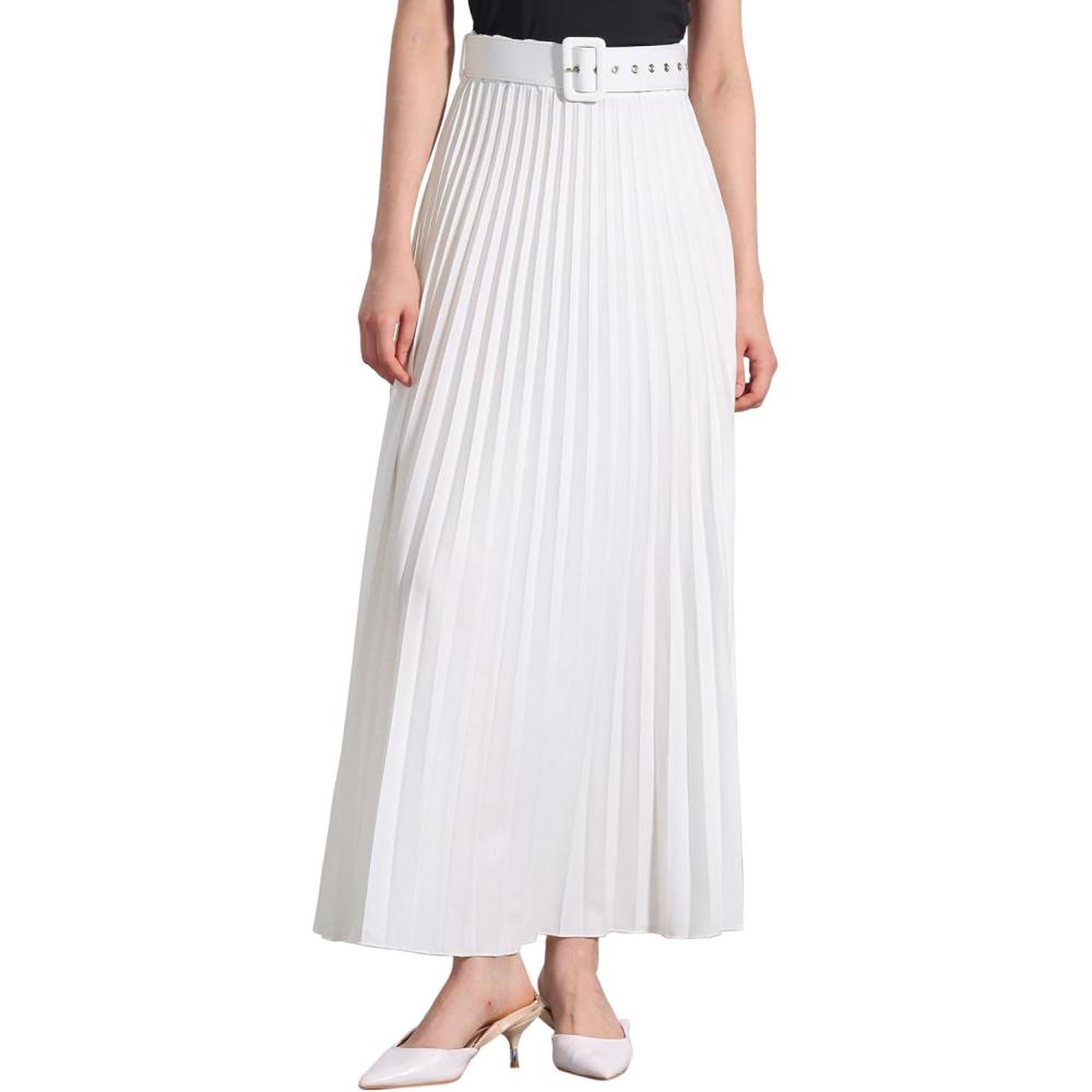 imageAllegra K Long Pleated Skirt for Womens Elastic High Waist with Belt Swing Aline Work Maxi SkirtWhite