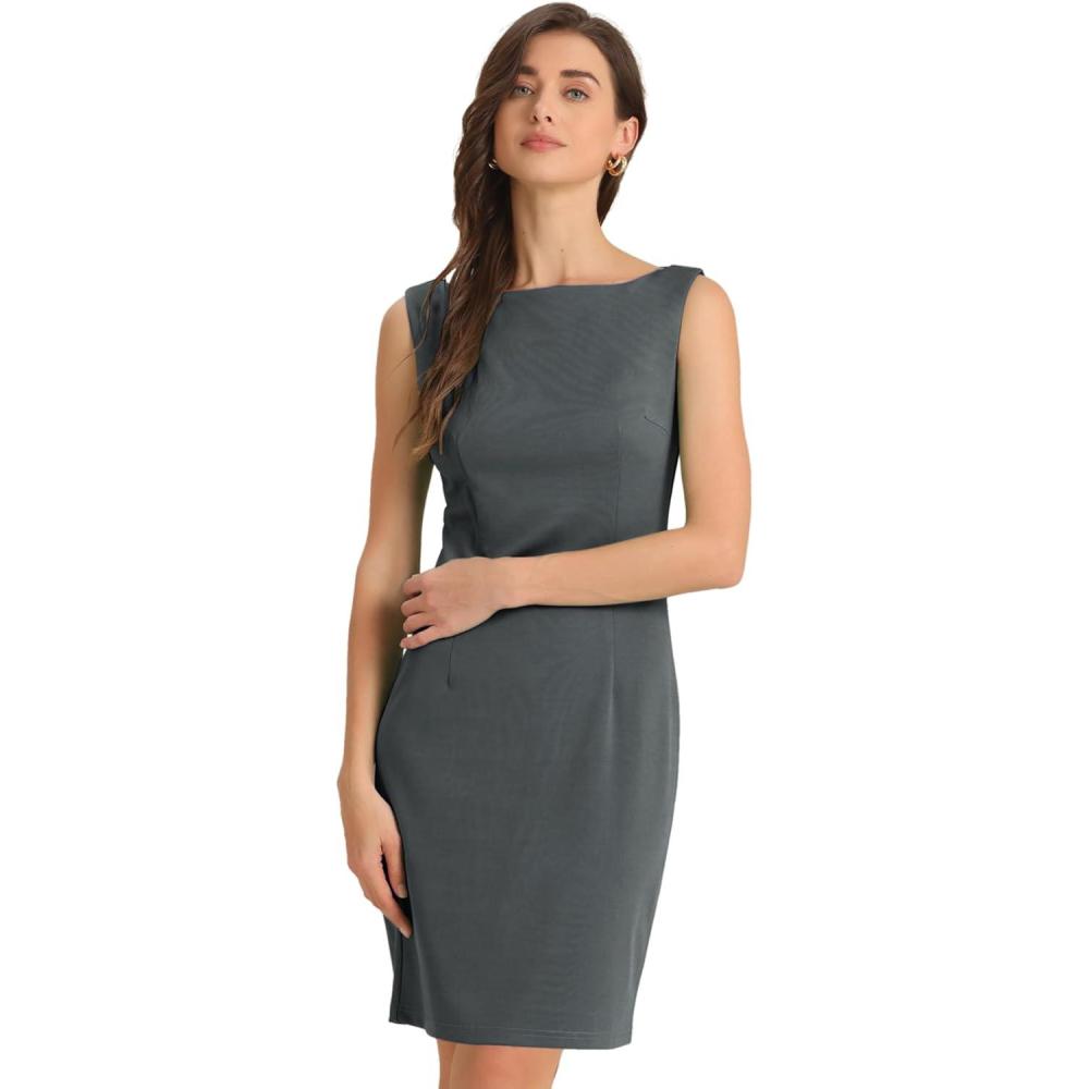 imageAllegra K Sleeveless Sheath Dress for Womens Pencil Boat Neck Business Professional Office DressesGrey