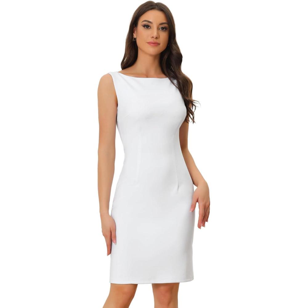 imageAllegra K Sleeveless Sheath Dress for Womens Pencil Boat Neck Business Professional Office DressesWhite